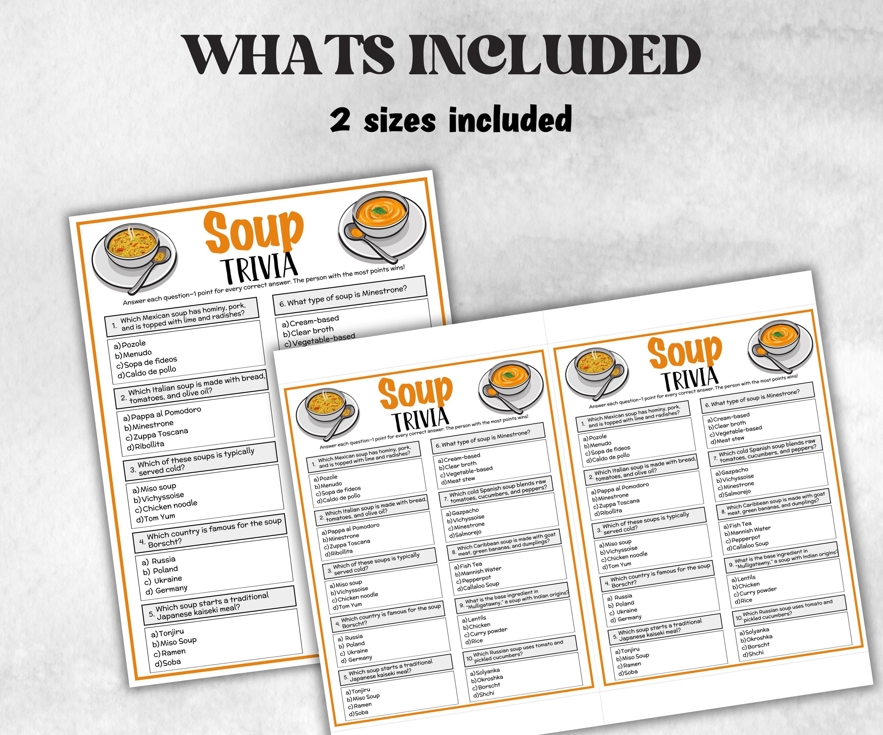 Printable Soup Trivia, Team Building Games, Soup Competition, Winter Soup Cook off Theme, Soup Fundraiser Fun, Potluck Contest, Rainy Snow-Holidays -TheHustlingCatLady-Party Games