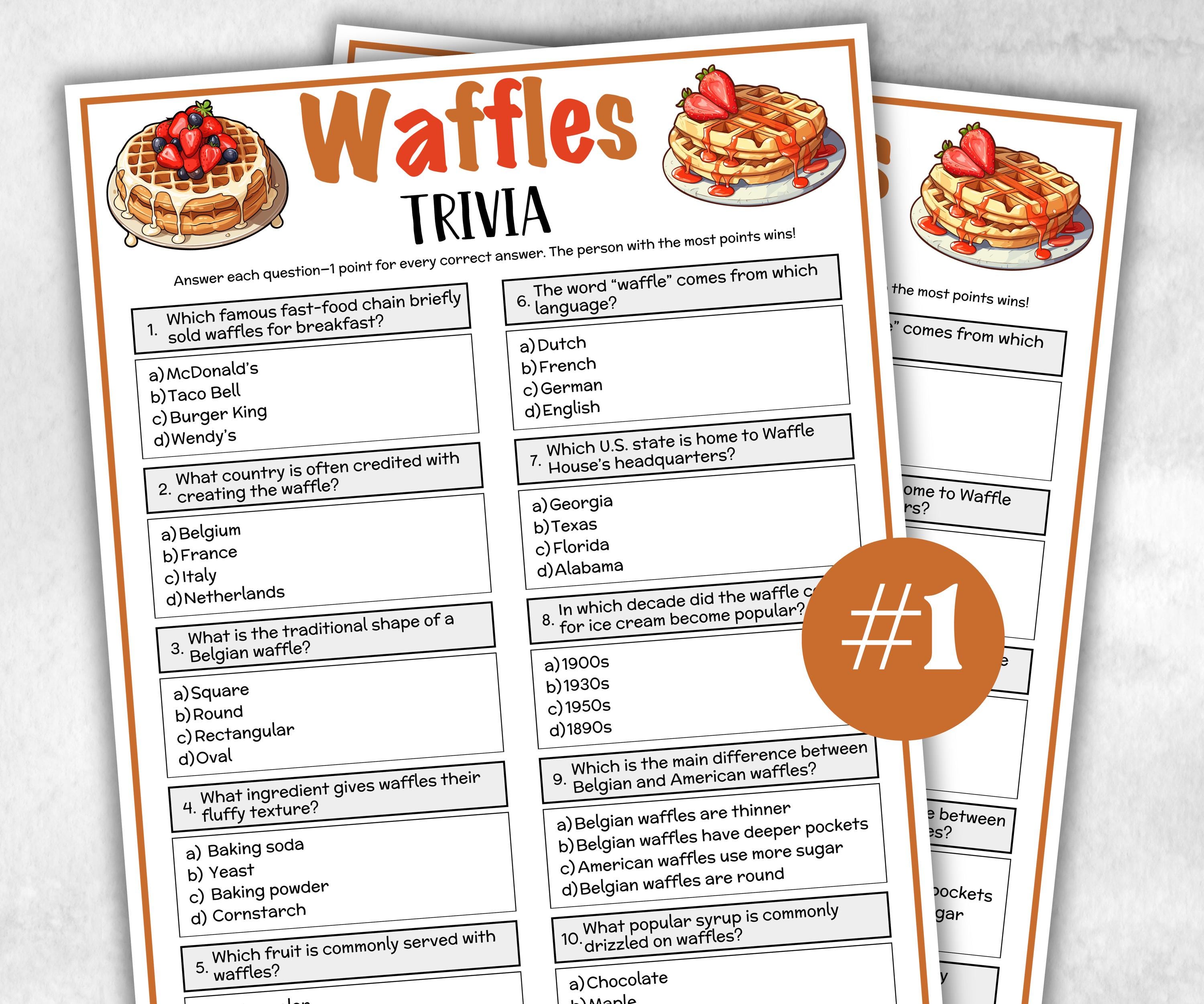 Printable Waffle Trivia, Team Building Games, Brunch Belgium Waffle Quiz, Breakfast Trivia, National Waffle Day, Pajama Party, sleepover fun-Holidays -TheHustlingCatLady-Party Games