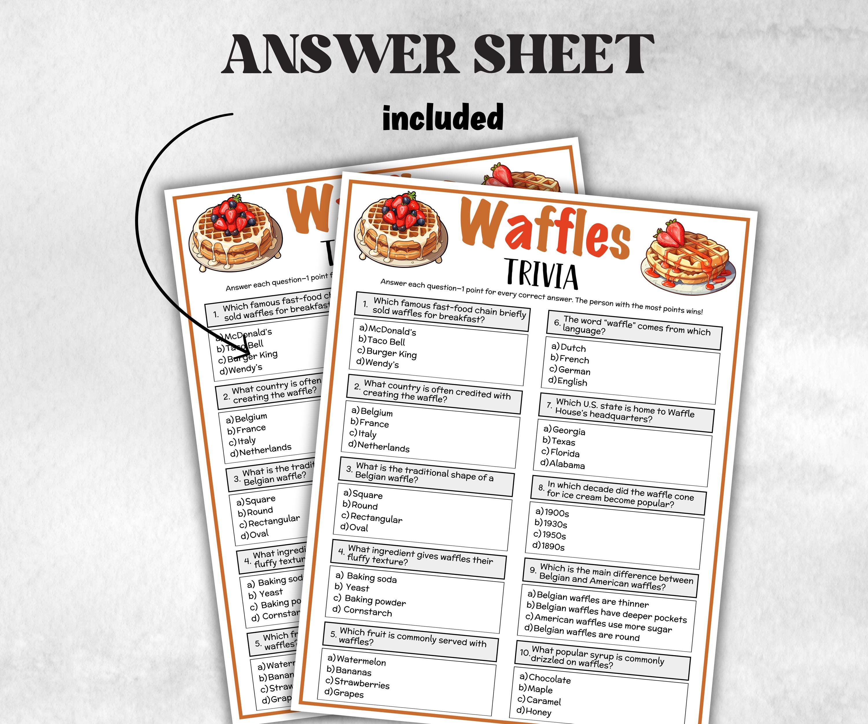 Printable Waffle Trivia, Team Building Games, Brunch Belgium Waffle Quiz, Breakfast Trivia, National Waffle Day, Pajama Party, sleepover fun-Holidays -TheHustlingCatLady-Party Games