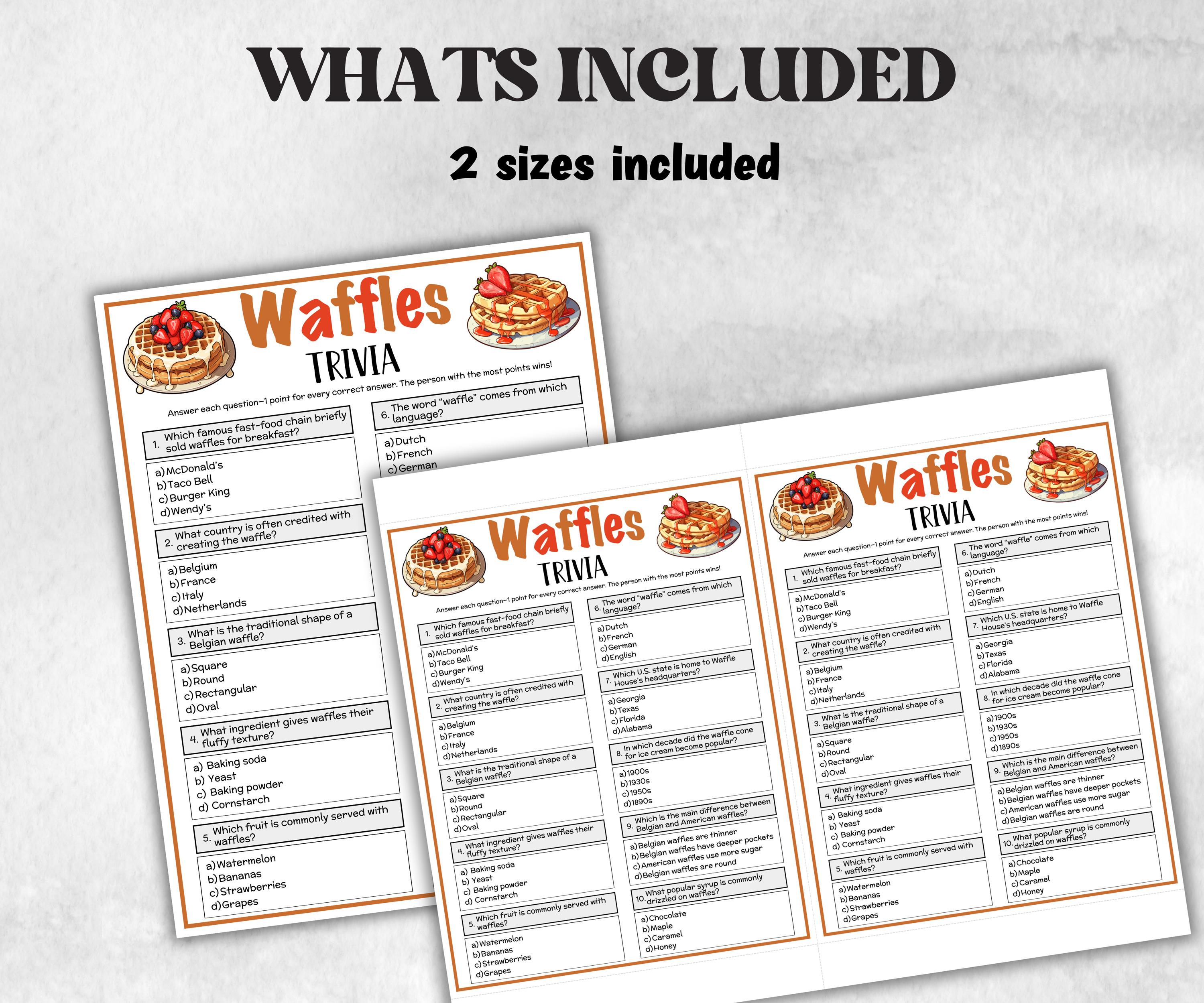 Printable Waffle Trivia, Team Building Games, Brunch Belgium Waffle Quiz, Breakfast Trivia, National Waffle Day, Pajama Party, sleepover fun-Holidays -TheHustlingCatLady-Party Games