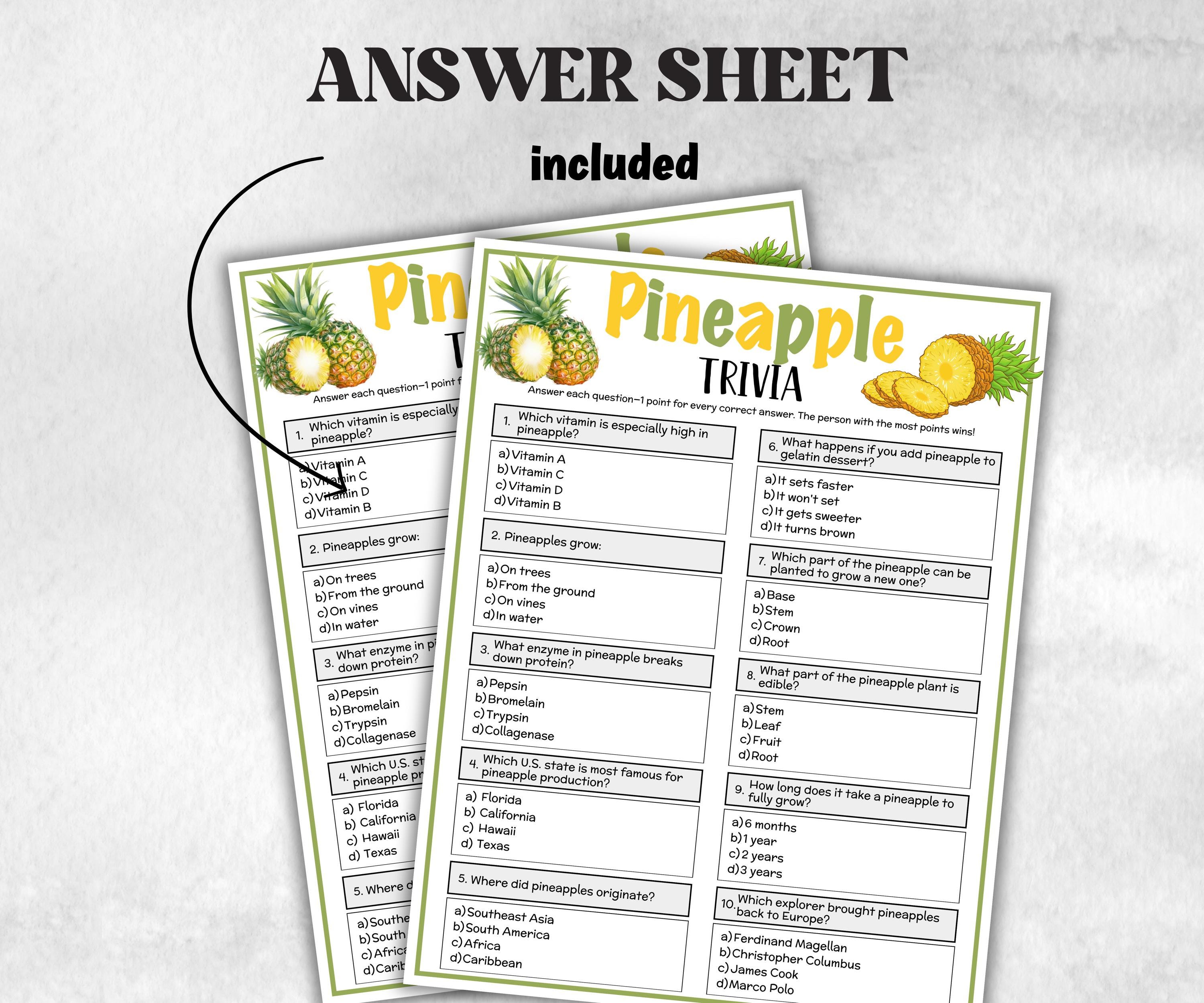 Printable Pineapple Trivia, Team Building Games, hawaiian themed Luau party, Tropical Fruit, Food Fruit Vegetable Trivia, Hawaii Fun theme-Holidays -TheHustlingCatLady-Party Games