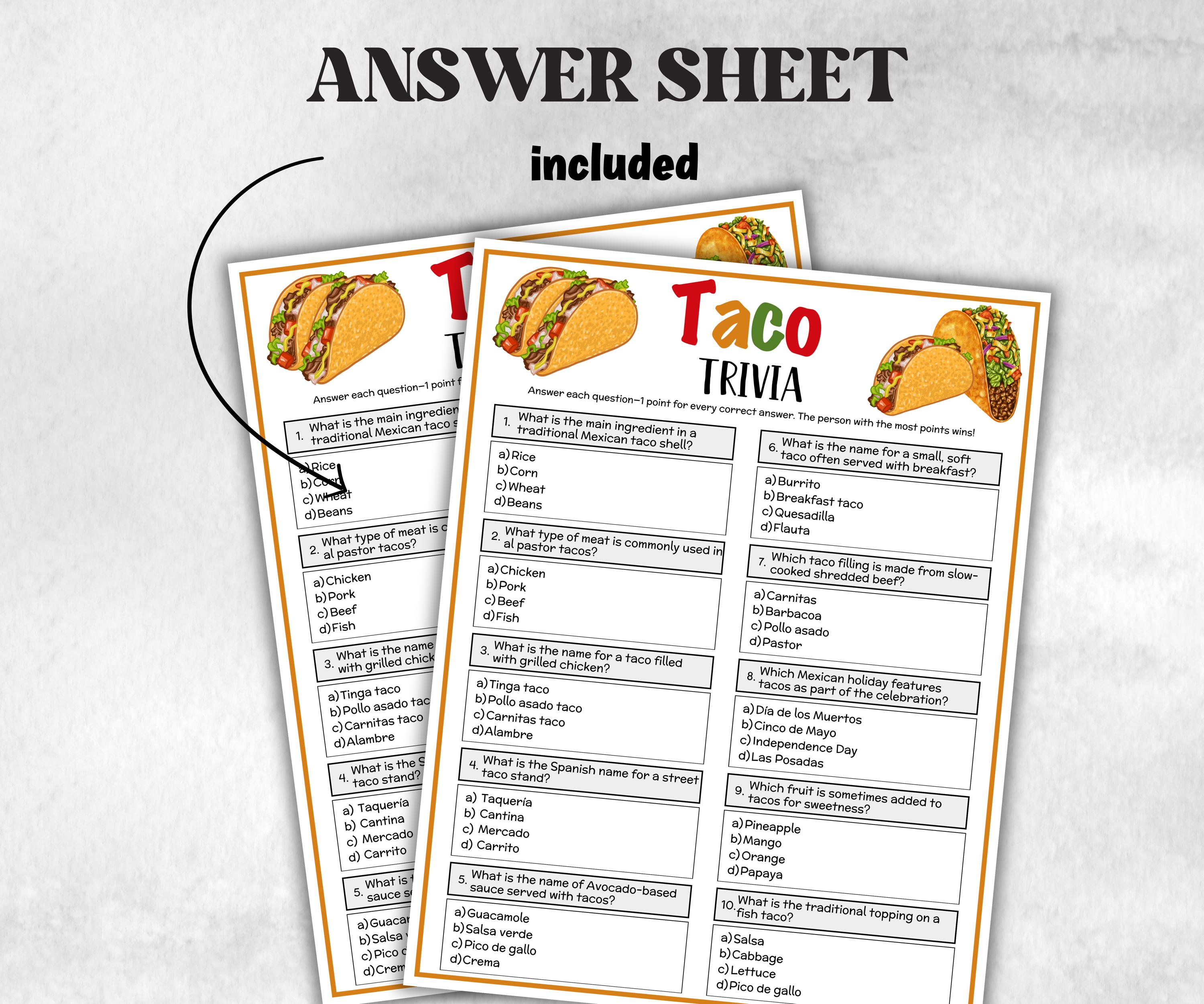 Printable Taco Trivia, Team Building Games, 4th Of july, Fiesta Birthday, southwestern shower, Quinceanera activity, Cinco de Mayo group fun-Holidays -TheHustlingCatLady-Party Games