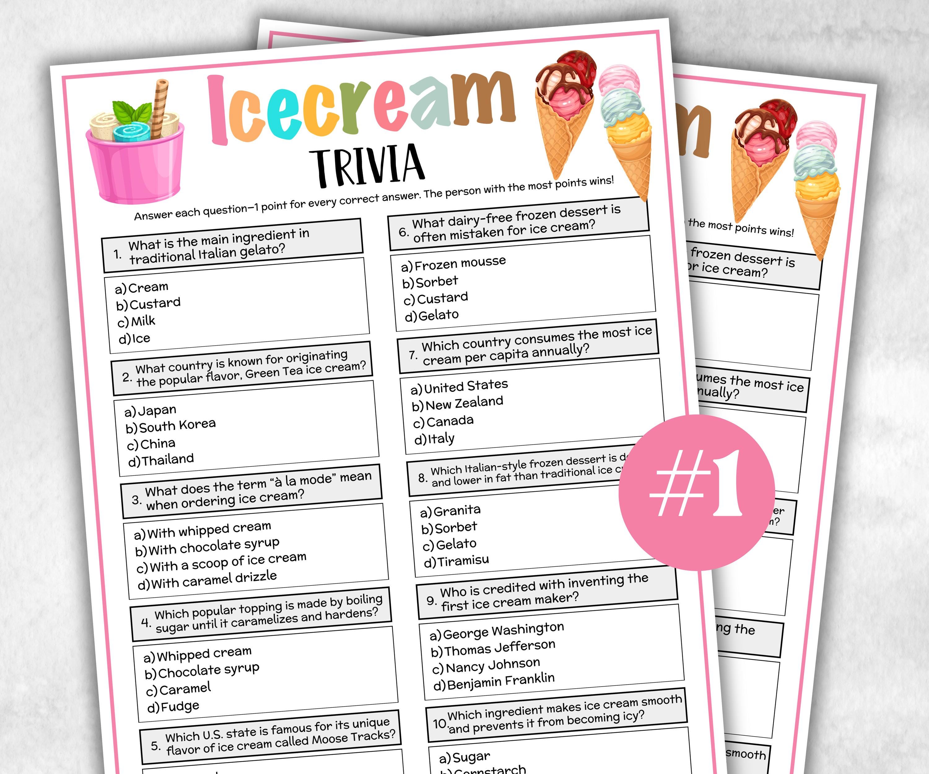 Printable Icecream Trivia, Team Building Games, Fun Food Trivia, Icecream Bridal shower, beach party, riddle quiz questions, pajama party-Holidays -TheHustlingCatLady-Party Games