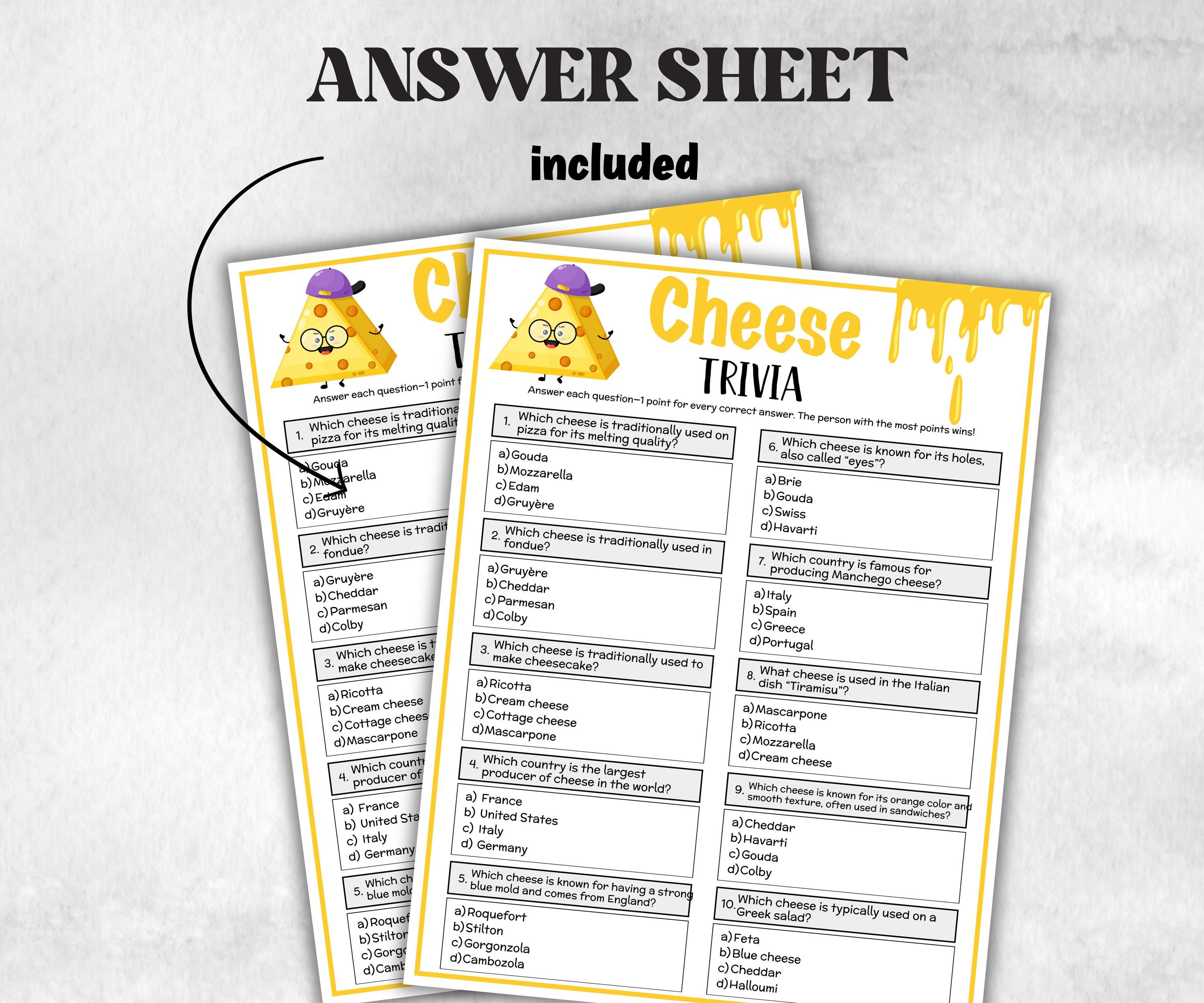 Printable Cheese Trivia, Team Building Games, Wine and Cheese Party, Bridal Shower, wine Tasting, Riddles Quiz questions, Food themed Games-Holidays -TheHustlingCatLady-Party Games