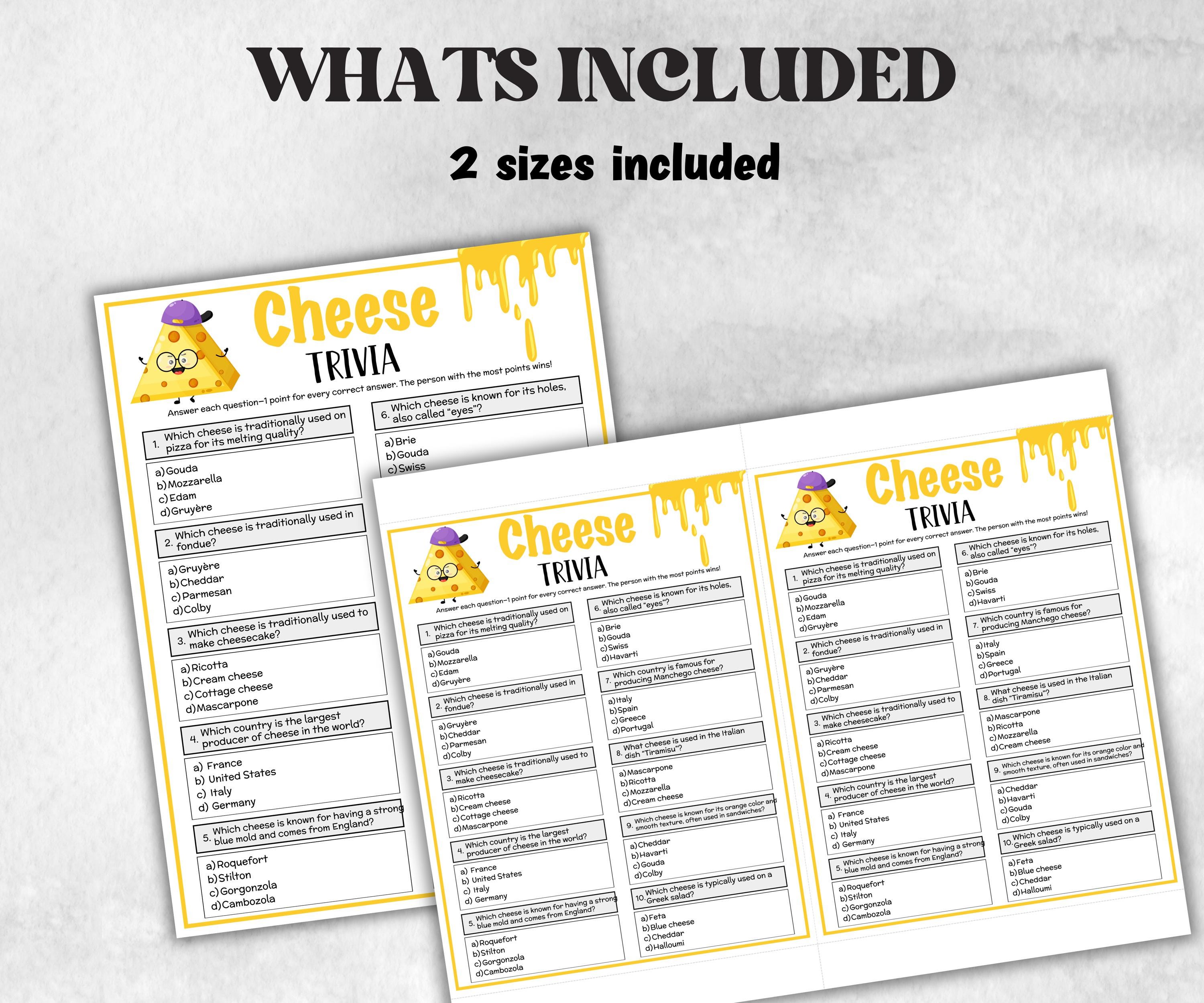 Printable Cheese Trivia, Team Building Games, Wine and Cheese Party, Bridal Shower, wine Tasting, Riddles Quiz questions, Food themed Games-Holidays -TheHustlingCatLady-Party Games