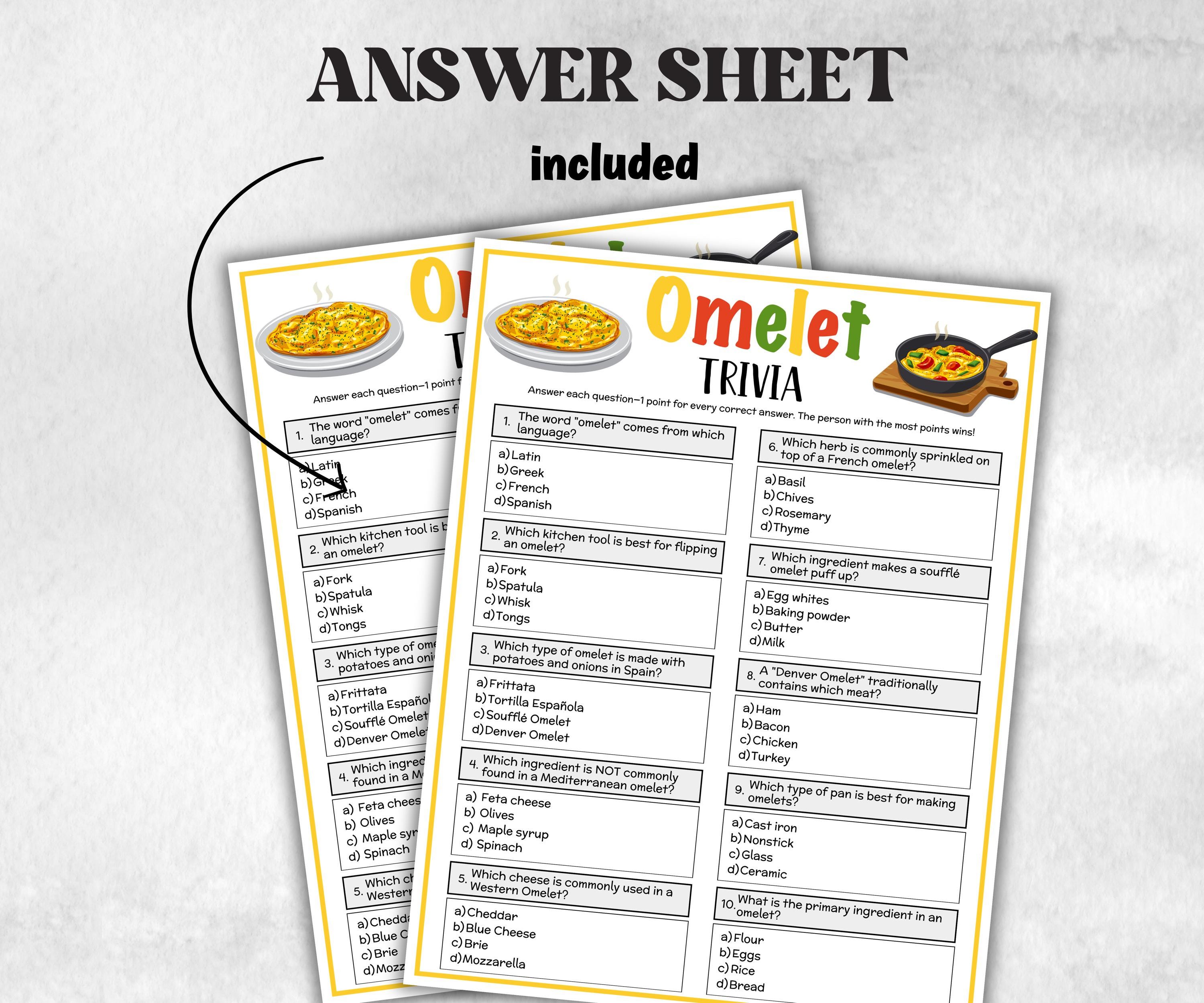 Printable Omelet Trivia, Team Building Games, Riddles Quiz questions, Food themed Games, Brunch Trivia, Teen Pajama Party, National Omelet-Holidays -TheHustlingCatLady-Party Games