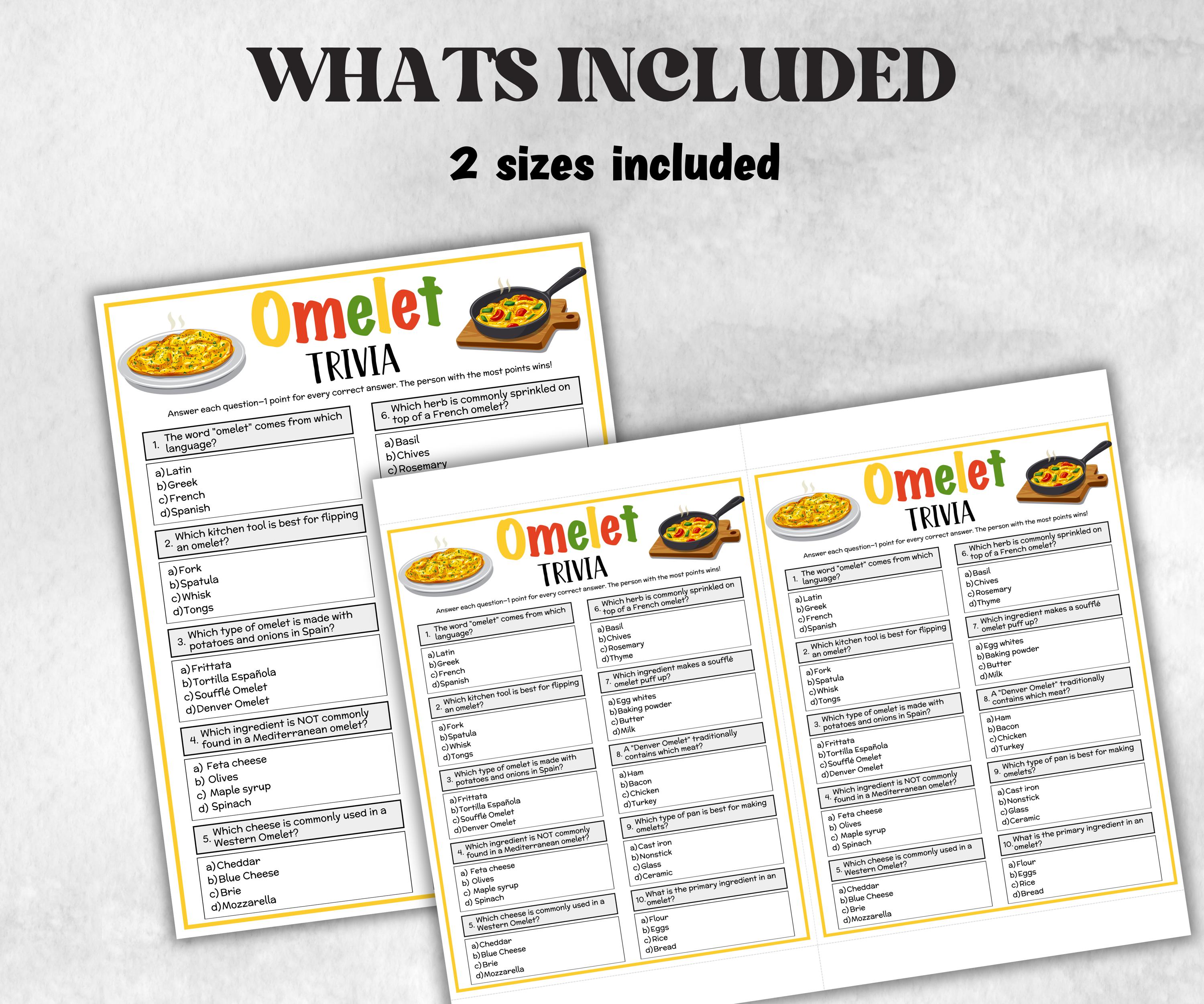 Printable Omelet Trivia, Team Building Games, Riddles Quiz questions, Food themed Games, Brunch Trivia, Teen Pajama Party, National Omelet-Holidays -TheHustlingCatLady-Party Games