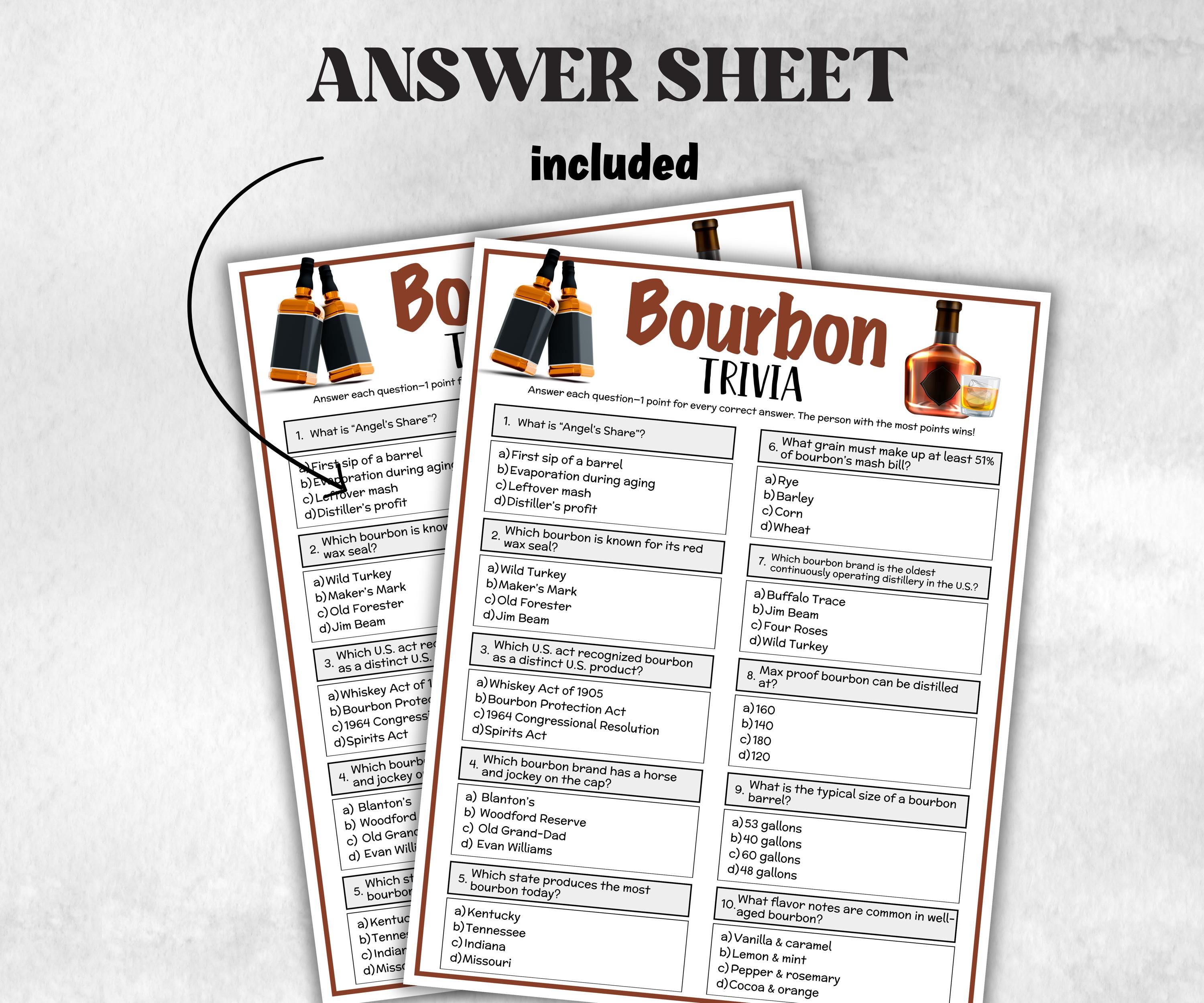 Printable Bourbon Trivia, Riddles Quiz questions, Drinking pub game, Bachelor Whiskey Party, Derby Drink Tasting, Kentucky Race, Fathers Day-Holidays -TheHustlingCatLady-Party Games