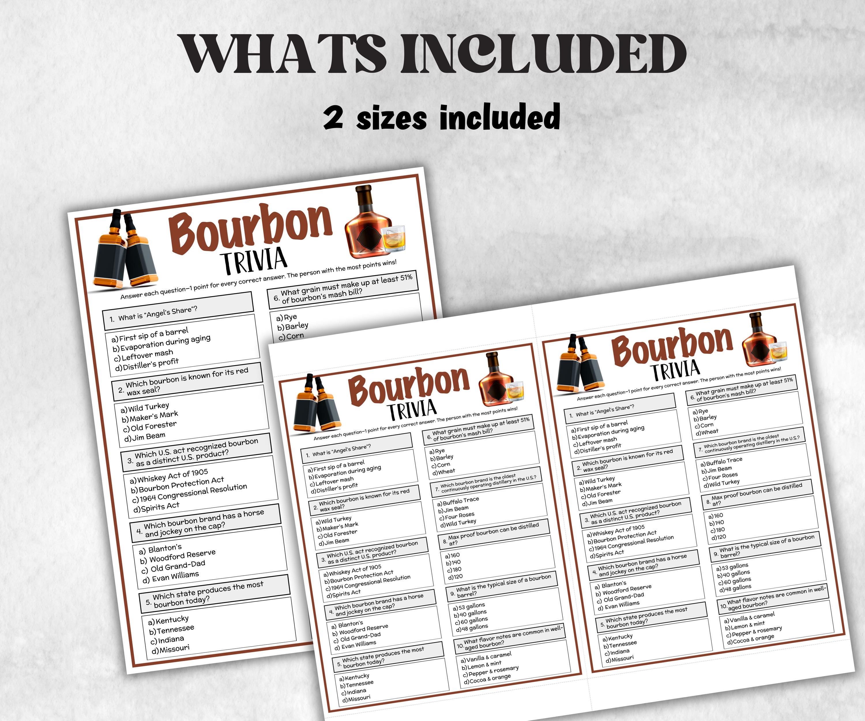 Printable Bourbon Trivia, Riddles Quiz questions, Drinking pub game, Bachelor Whiskey Party, Derby Drink Tasting, Kentucky Race, Fathers Day-Holidays -TheHustlingCatLady-Party Games