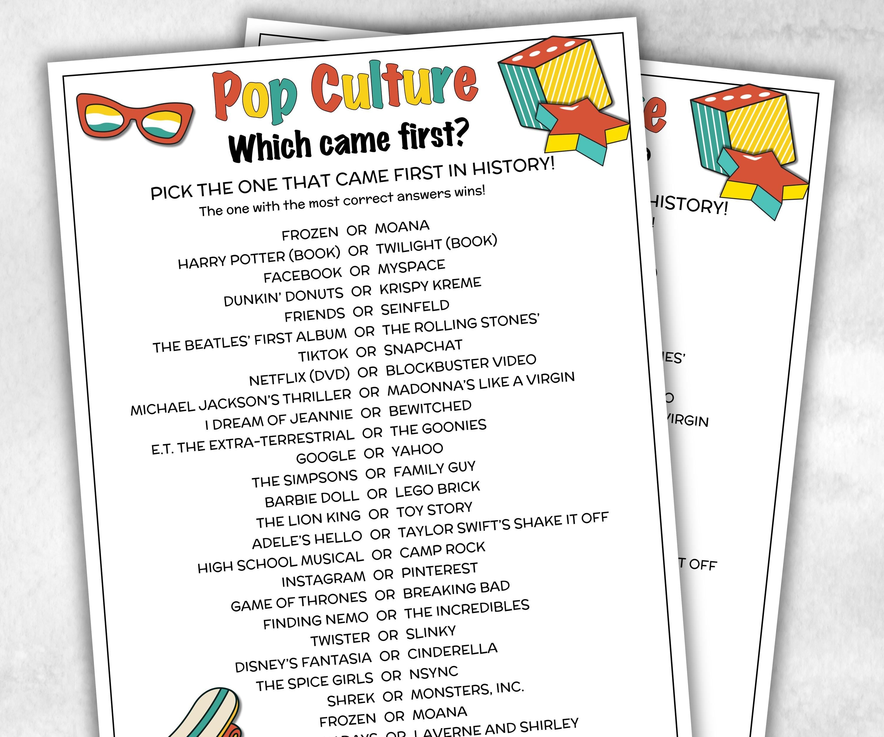 Pop Culture Match UpTrivia Game, Guess Which Came First Quiz, Senior Game night, family game activity, Kids Teen Adult party guess games-Holidays -TheHustlingCatLady-Party Games