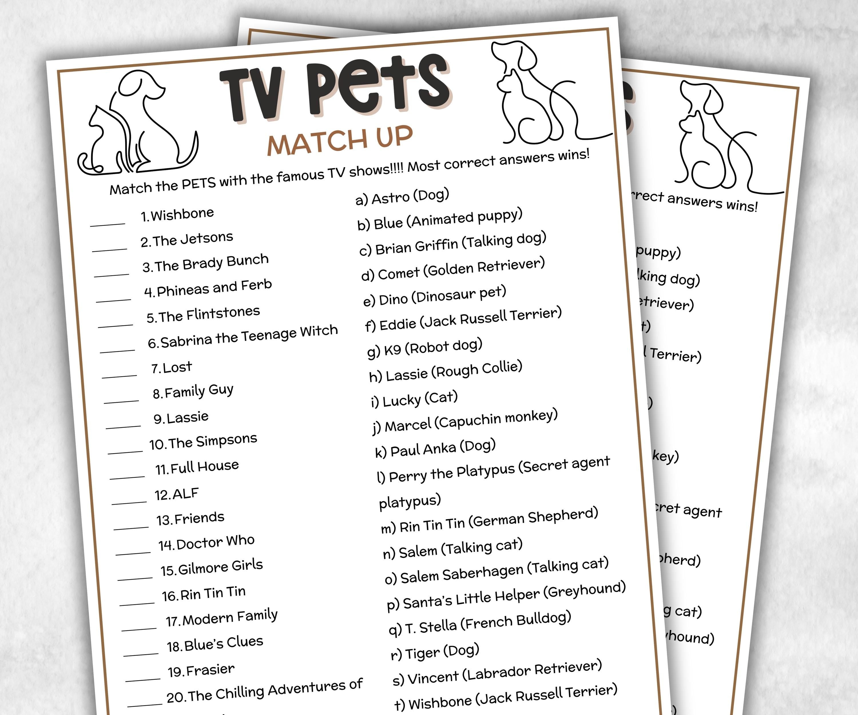 TV pets trivia party Game, dog cat Quiz, TV Sitcoms, Senior Game night, family activity, Kids Teen Adult party guess games, fall icebreaker-Holidays -TheHustlingCatLady-Party Games