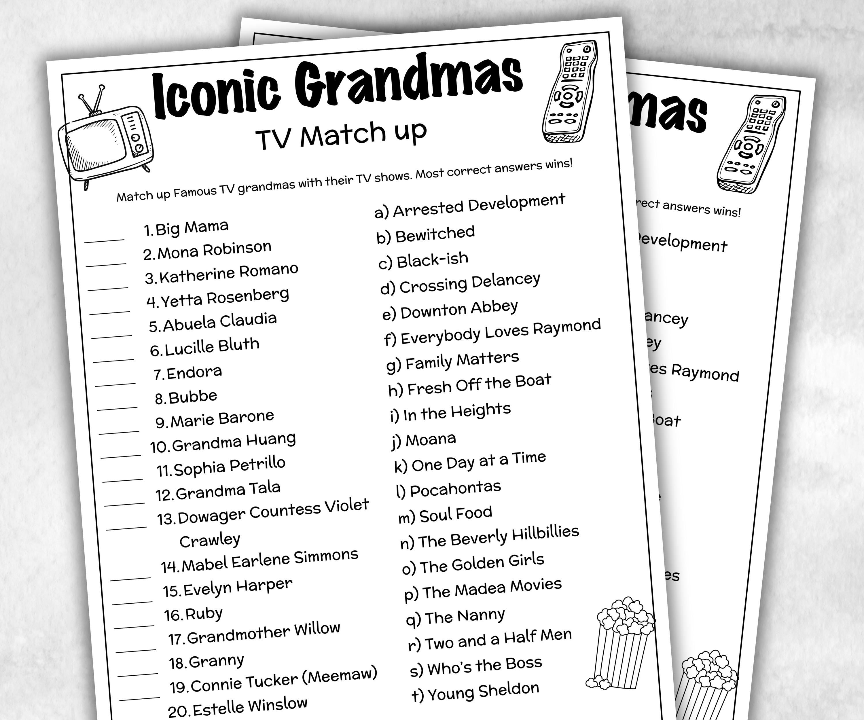 Iconic TV Grandmas trivia party Game, Grandma Trivia Quiz, TV Sitcoms, Senior Game night, family activity, Famous TV Dads, Grandparents Day-Holidays -TheHustlingCatLady-Party Games