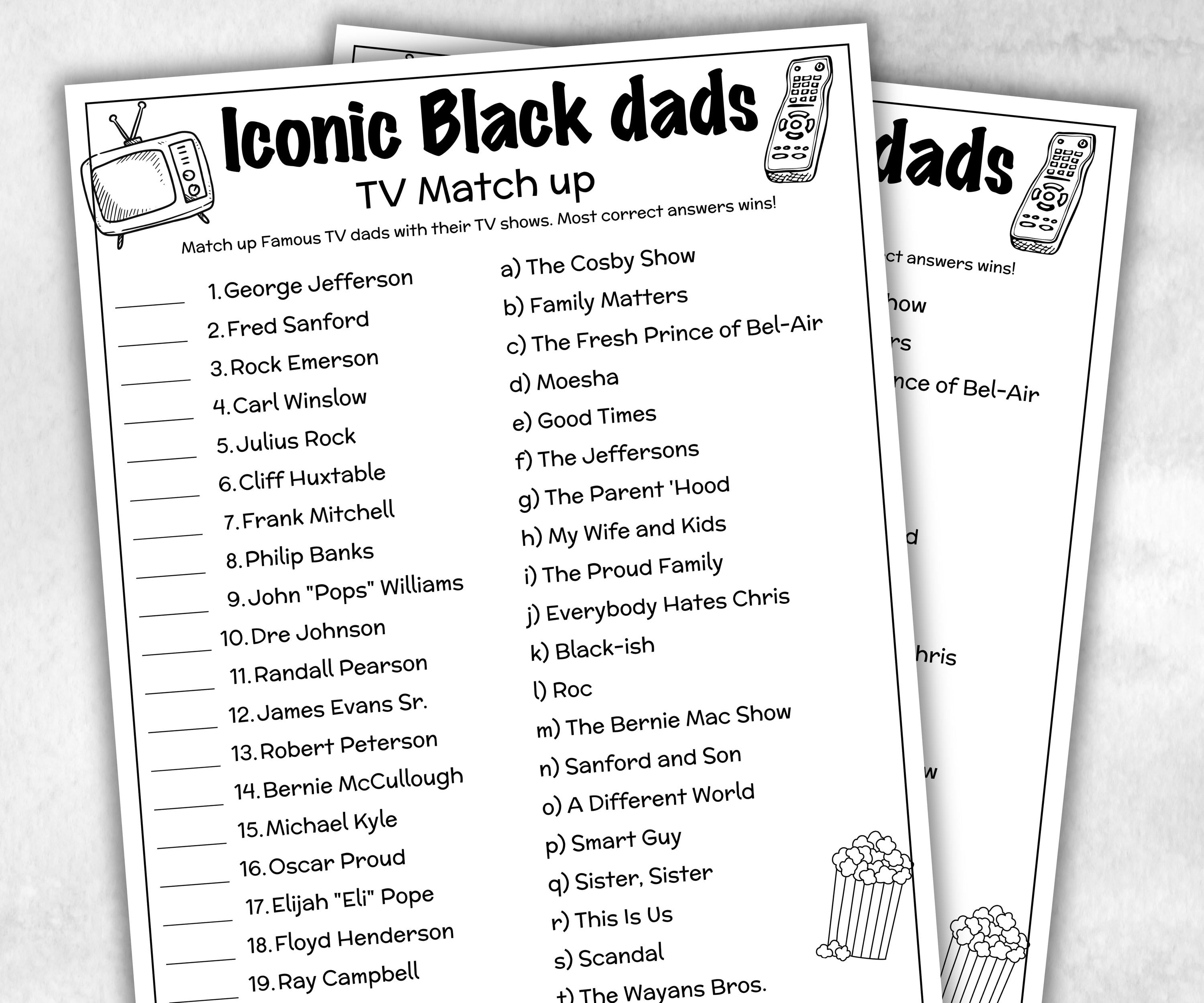 Iconic TV Black Dads trivia party Game, Black Culture Quiz, Black TV Sitcoms, Black African Fathers Day, Famous Black Dads, Black History-Holidays -TheHustlingCatLady-Party Games
