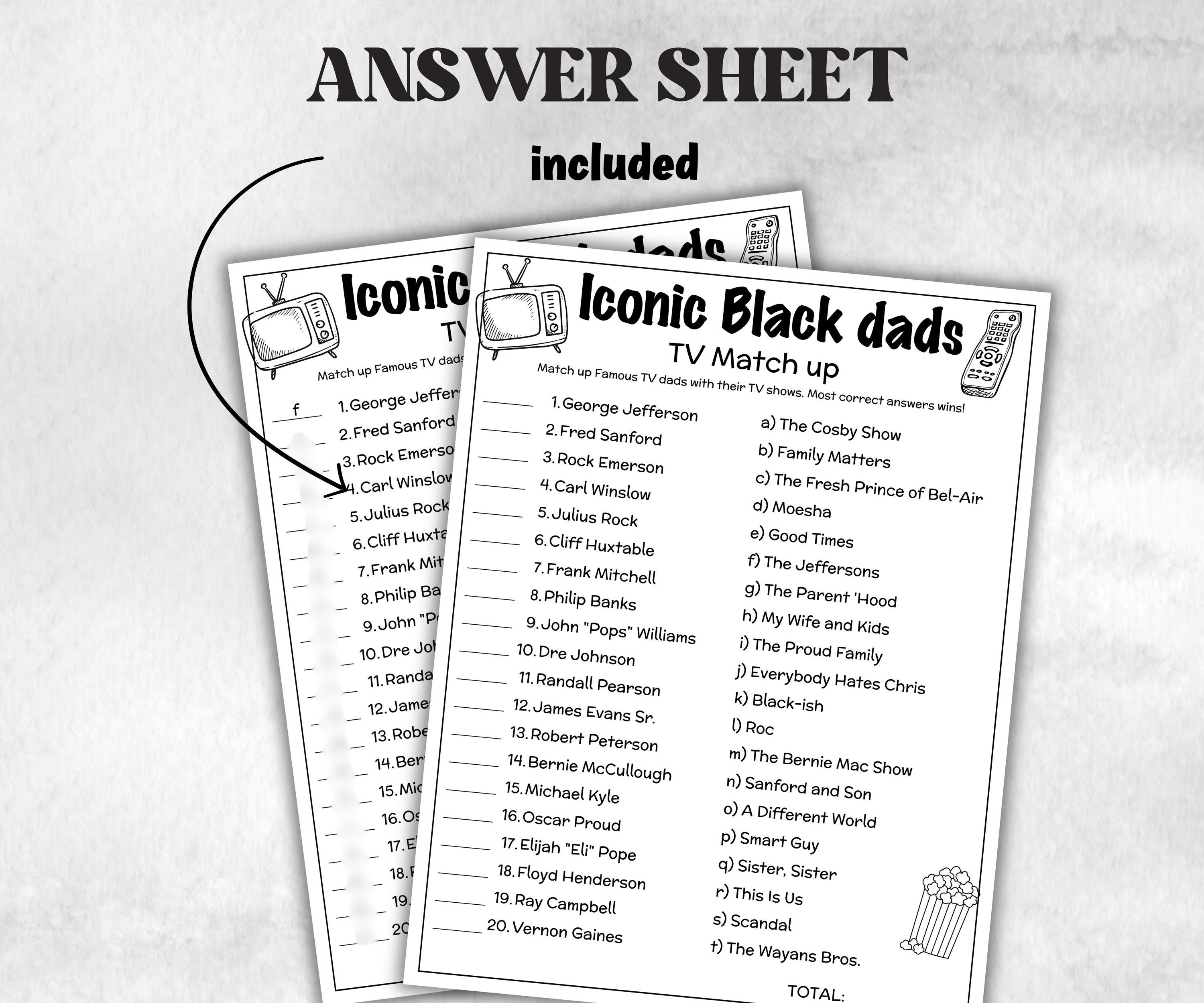 Iconic TV Black Dads trivia party Game, Black Culture Quiz, Black TV Sitcoms, Black African Fathers Day, Famous Black Dads, Black History-Holidays -TheHustlingCatLady-Party Games