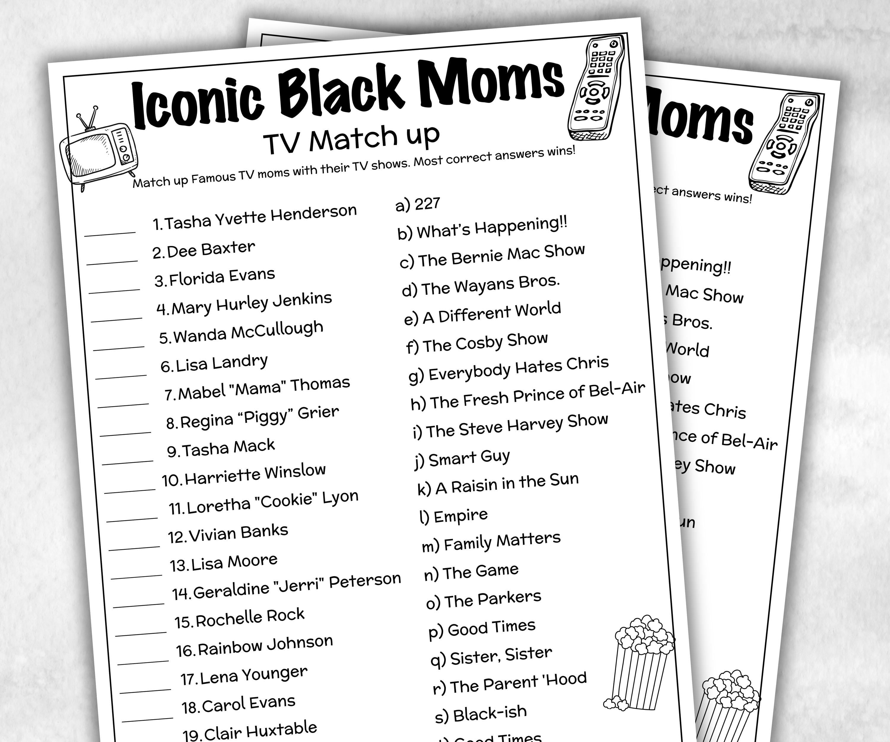 Iconic TV Black Moms trivia party Game, Black Culture Quiz, Black TV Sitcoms, African Black Mothers Day, Famous Black Moms, Black History-Holidays -TheHustlingCatLady-Party Games