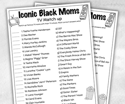 Iconic TV Black Moms trivia party Game, Black Culture Quiz, Black TV Sitcoms, African Black Mothers Day, Famous Black Moms, Black History-Holidays -TheHustlingCatLady-Party Games