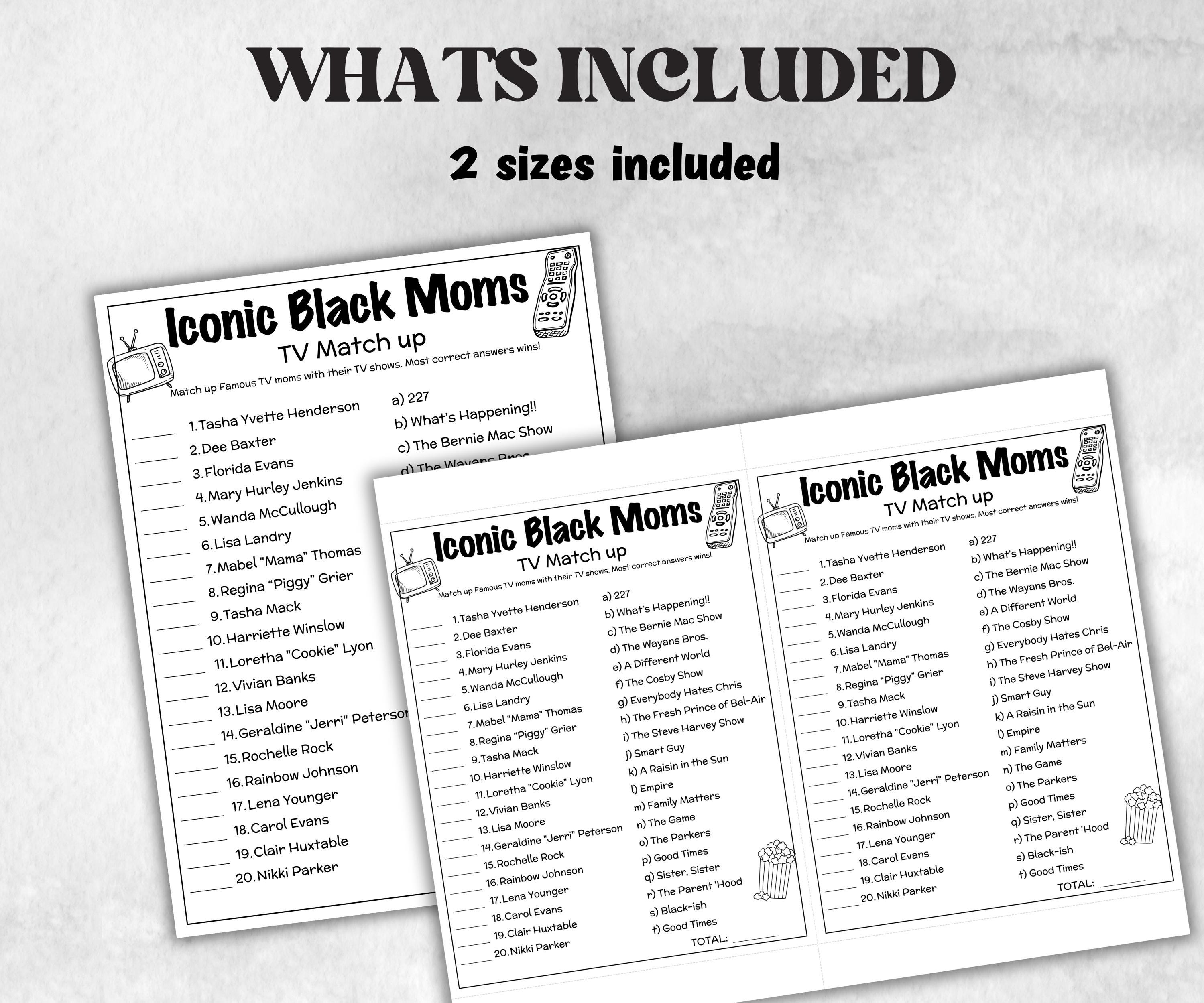 Iconic TV Black Moms trivia party Game, Black Culture Quiz, Black TV Sitcoms, African Black Mothers Day, Famous Black Moms, Black History-Holidays -TheHustlingCatLady-Party Games