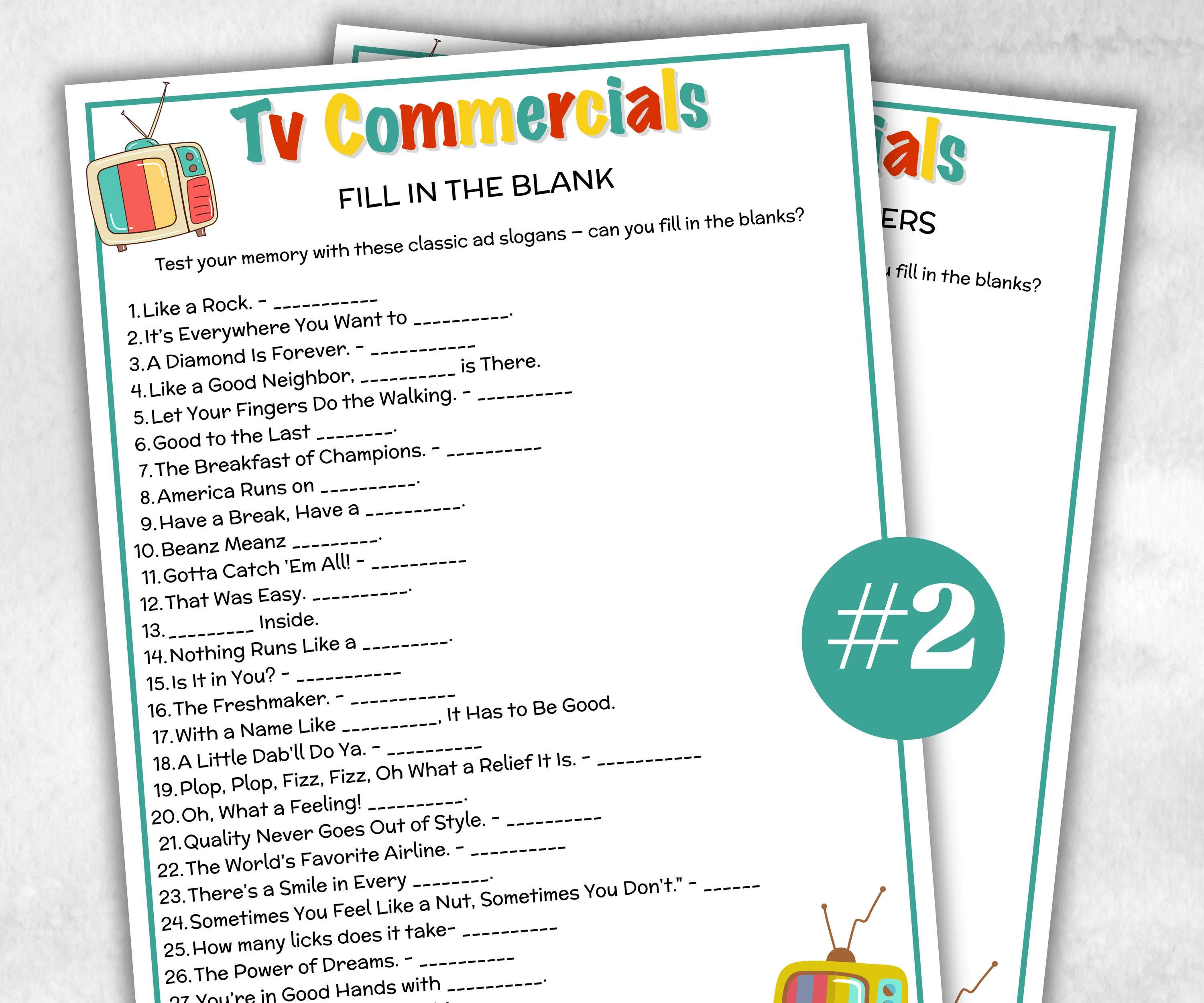 Ad Slogan Fill in the blank Quiz, TV Commercial Match Up Trivia Game, Senior Game night, family activity, Kids Teen Adult party guess games-Holidays -TheHustlingCatLady-Party Games