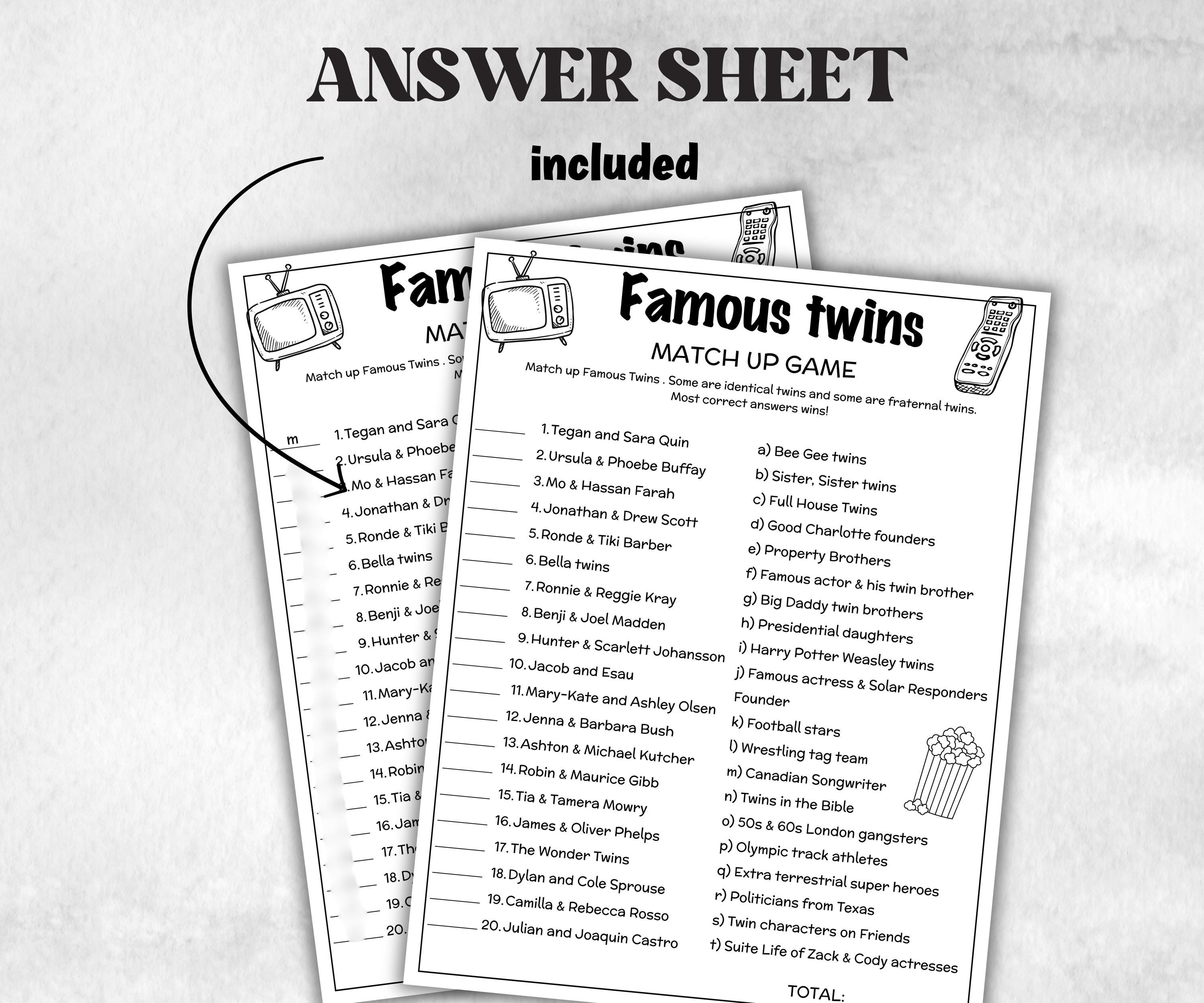 Famous Twins Trivia for Baby Showers Activity, Twin Birthday game,Printable Celebrity Twin Match Up Game, Twin Minimalist Shower,Shower quiz-Holidays -TheHustlingCatLady-Party Games