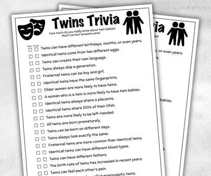 Printable True False Baby Shower Game, Twins Trivia for Baby Showers, Mommy to be game, Twin Minimalist Baby Shower,Shower quiz Activity-Holidays -TheHustlingCatLady-Party Games