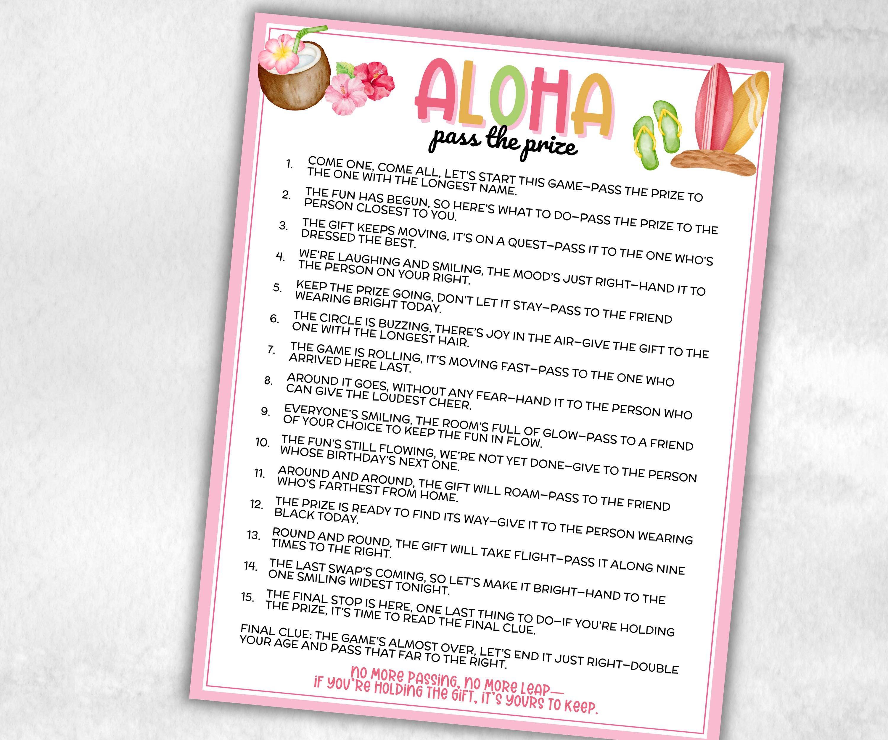 Hawaiian Aloha Pass The Prize, Tropical Luau, Tiki Summer, Hawaii Beach Vacation, Backyard BBQ Pool Party, fun gift exchange, outdoor party-Holidays -TheHustlingCatLady-Party Games
