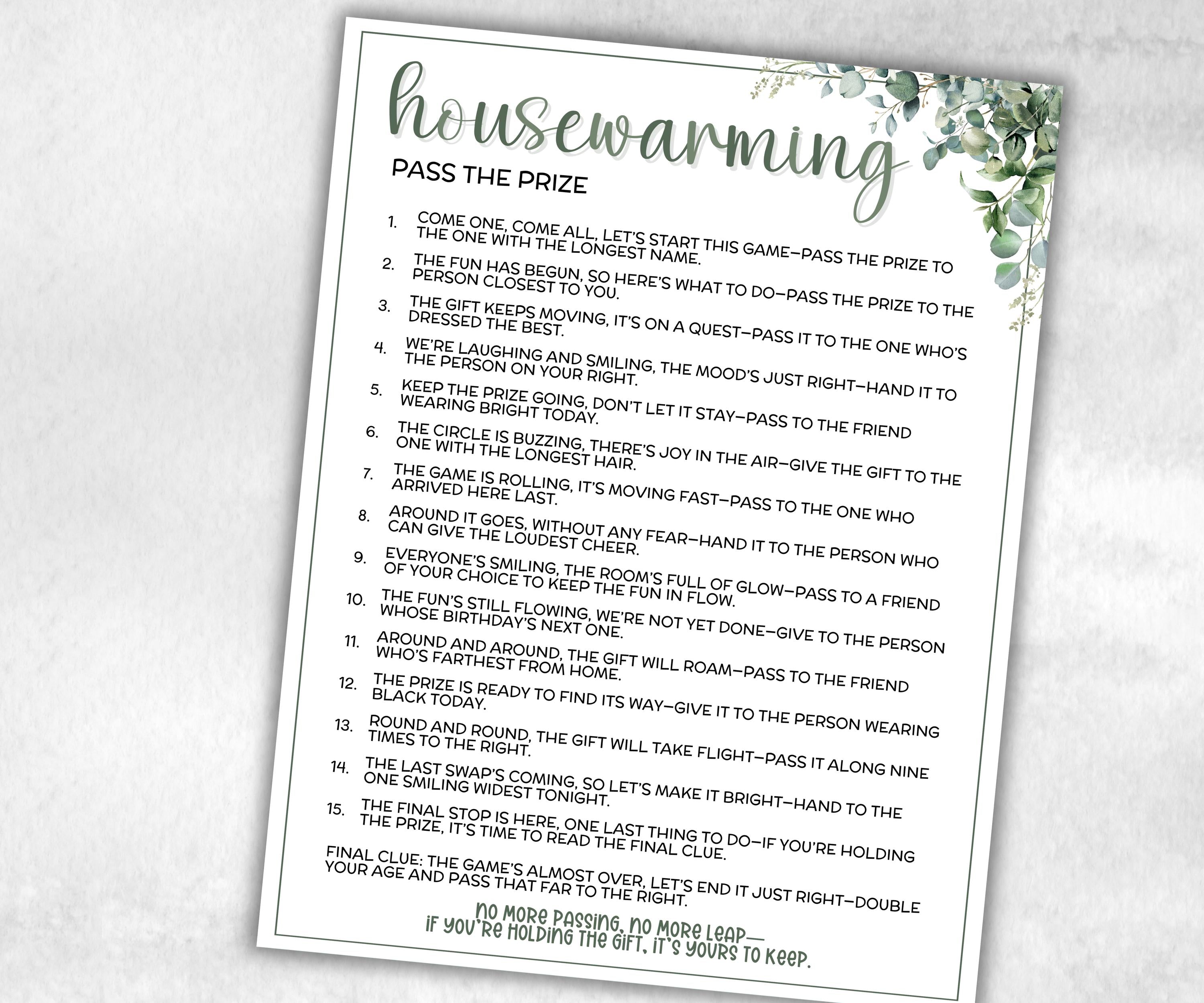 Housewarming Party Pass the Prize, Adult Mix And Mingle Activity, Conversation Starters, interactive fun gift exchange, pass the gift rhyme-Holidays -TheHustlingCatLady-Party Games