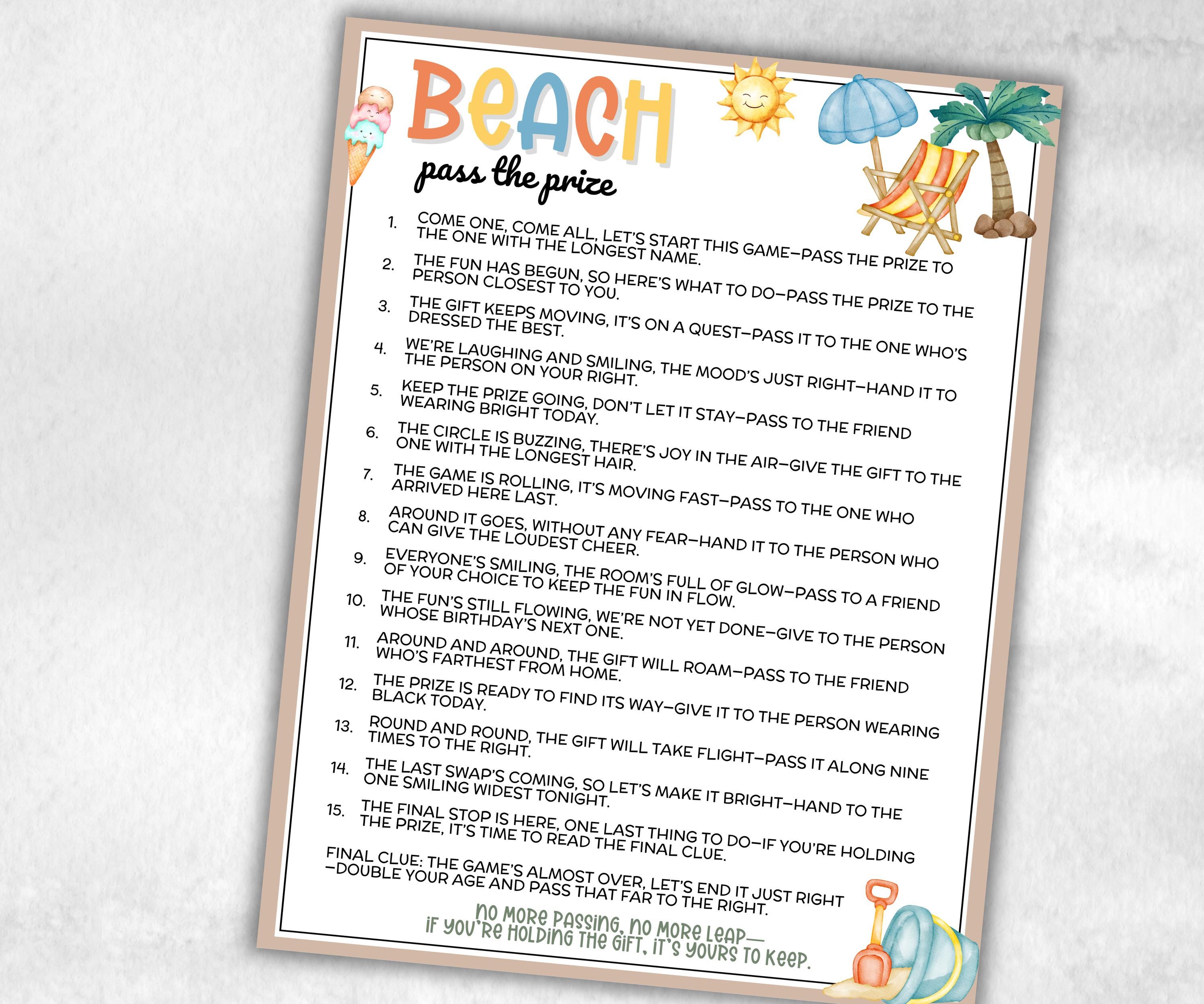 Beach Theme Pass The Prize, Outdoor Game, Beach Pool, summer BBQ, June July August, interactive fun gift exchange, mingle conversation game-Holidays -TheHustlingCatLady-Party Games
