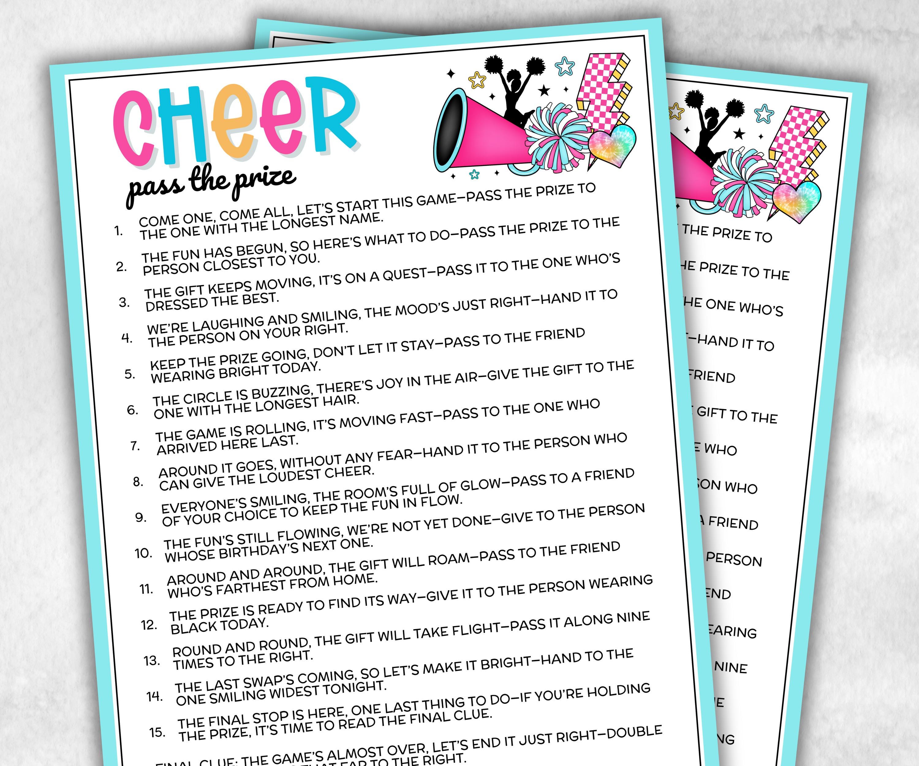 Cheerleading Pass the Prize, Cheer Squad Birthday, cheerleading party, spirit team team, interactive fun gift exchange, conversation game-Holidays -TheHustlingCatLady-Party Games