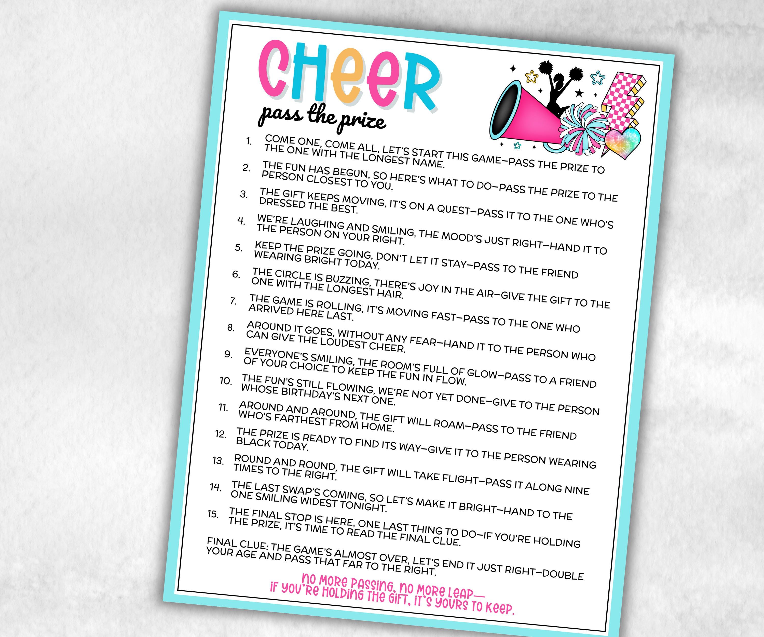 Cheerleading Pass the Prize, Cheer Squad Birthday, cheerleading party, spirit team team, interactive fun gift exchange, conversation game-Holidays -TheHustlingCatLady-Party Games