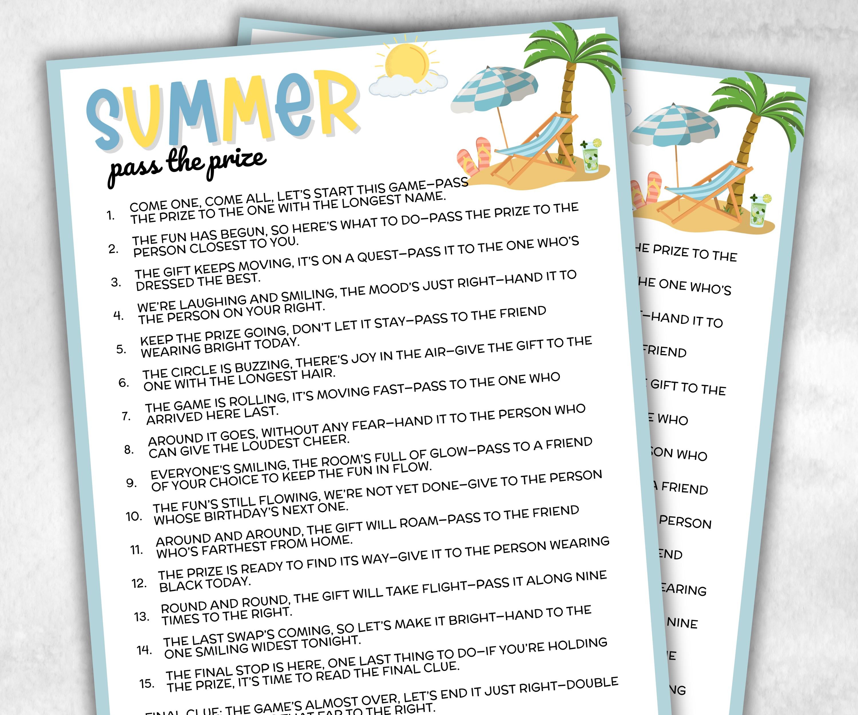Summer Theme Pass The Prize, Seniors Indoor Outdoor, Summer Camp, BBQ, June July August, interactive fun gift exchange, conversation game-Holidays -TheHustlingCatLady-Party Games