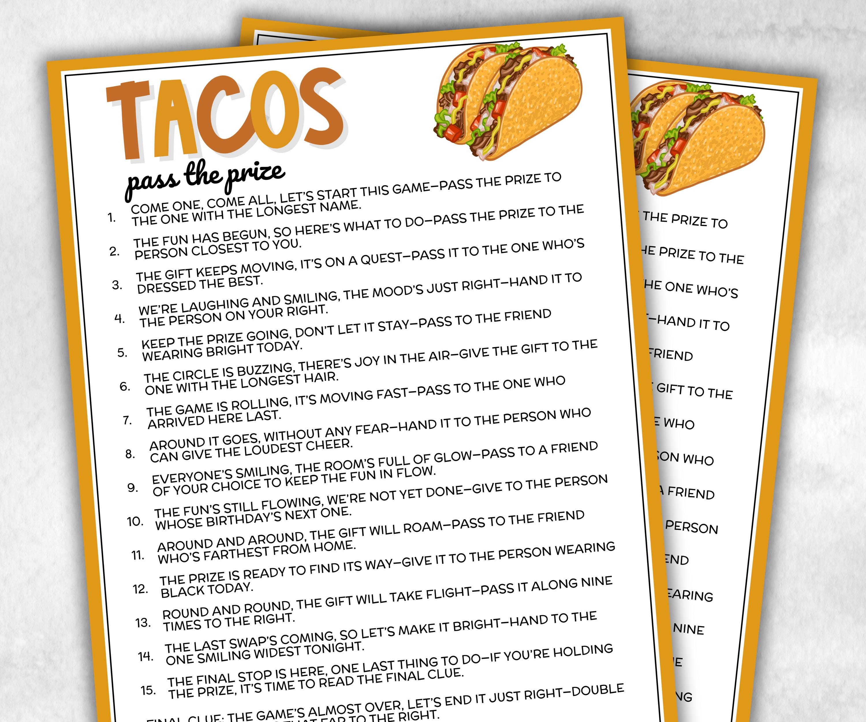 Taco Pass the Prize, Cinco de Mayo, fiesta taco birthday, southwestern shower, interactive gift exchange, Mexican conversation fiesta game-Holidays -TheHustlingCatLady-Party Games