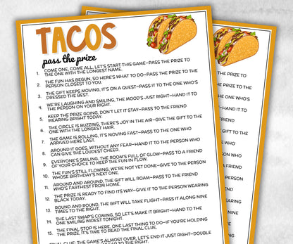 Taco Pass the Prize, Cinco de Mayo, fiesta taco birthday, southwestern shower, interactive gift exchange, Mexican conversation fiesta game-Holidays -TheHustlingCatLady-Party Games