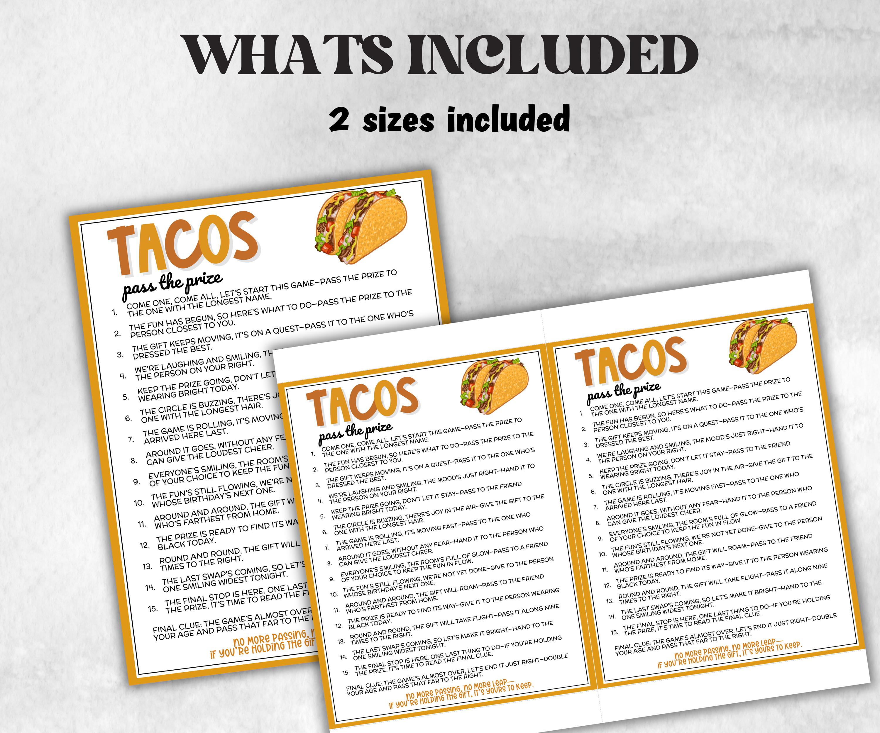 Taco Pass the Prize, Cinco de Mayo, fiesta taco birthday, southwestern shower, interactive gift exchange, Mexican conversation fiesta game-Holidays -TheHustlingCatLady-Party Games
