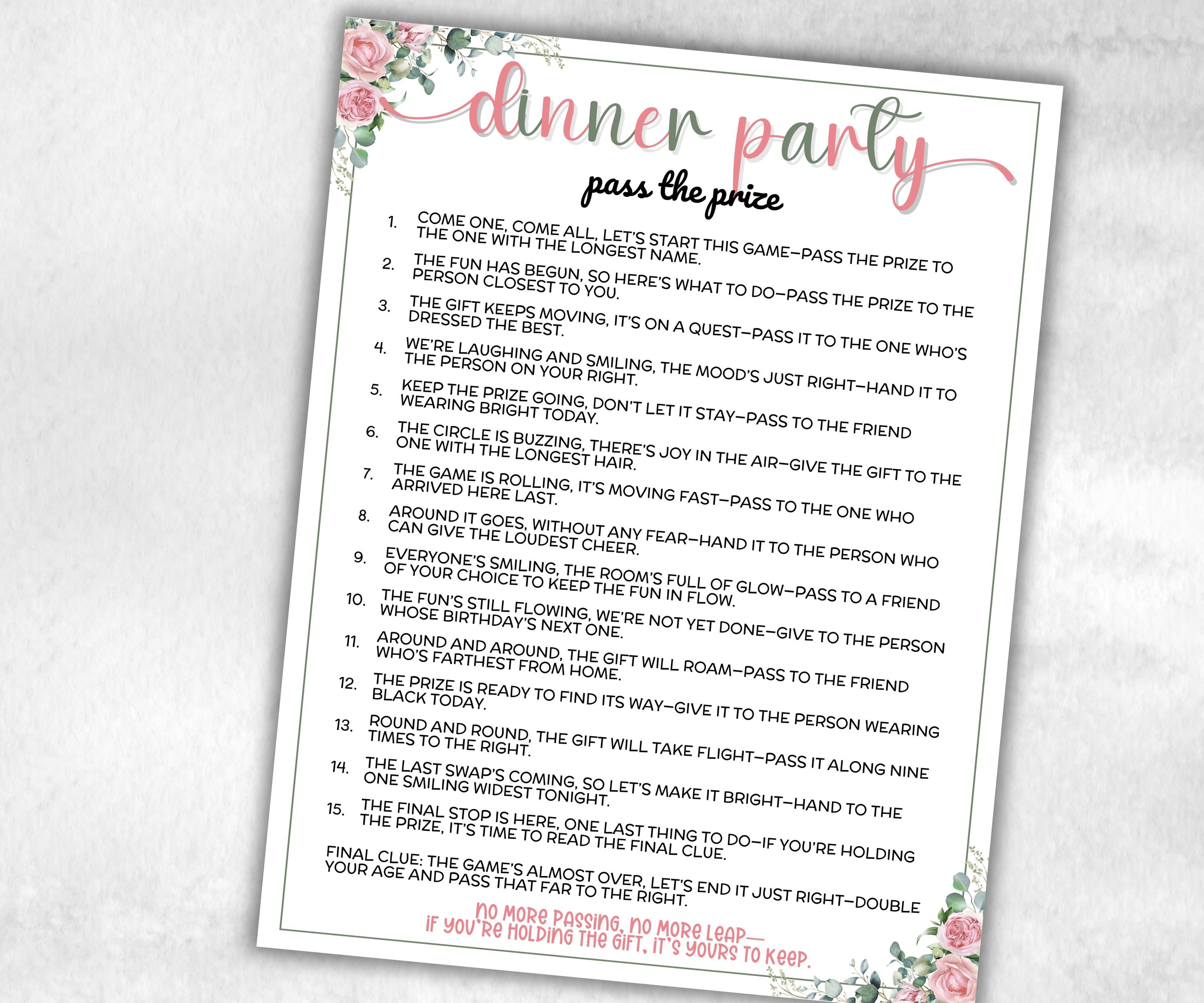 Dinner Party Pass the Prize, Adult Mix And Mingle Activity, Conversation Starters, interactive fun gift exchange, buffet groups, last minute-Holidays -TheHustlingCatLady-Party Games