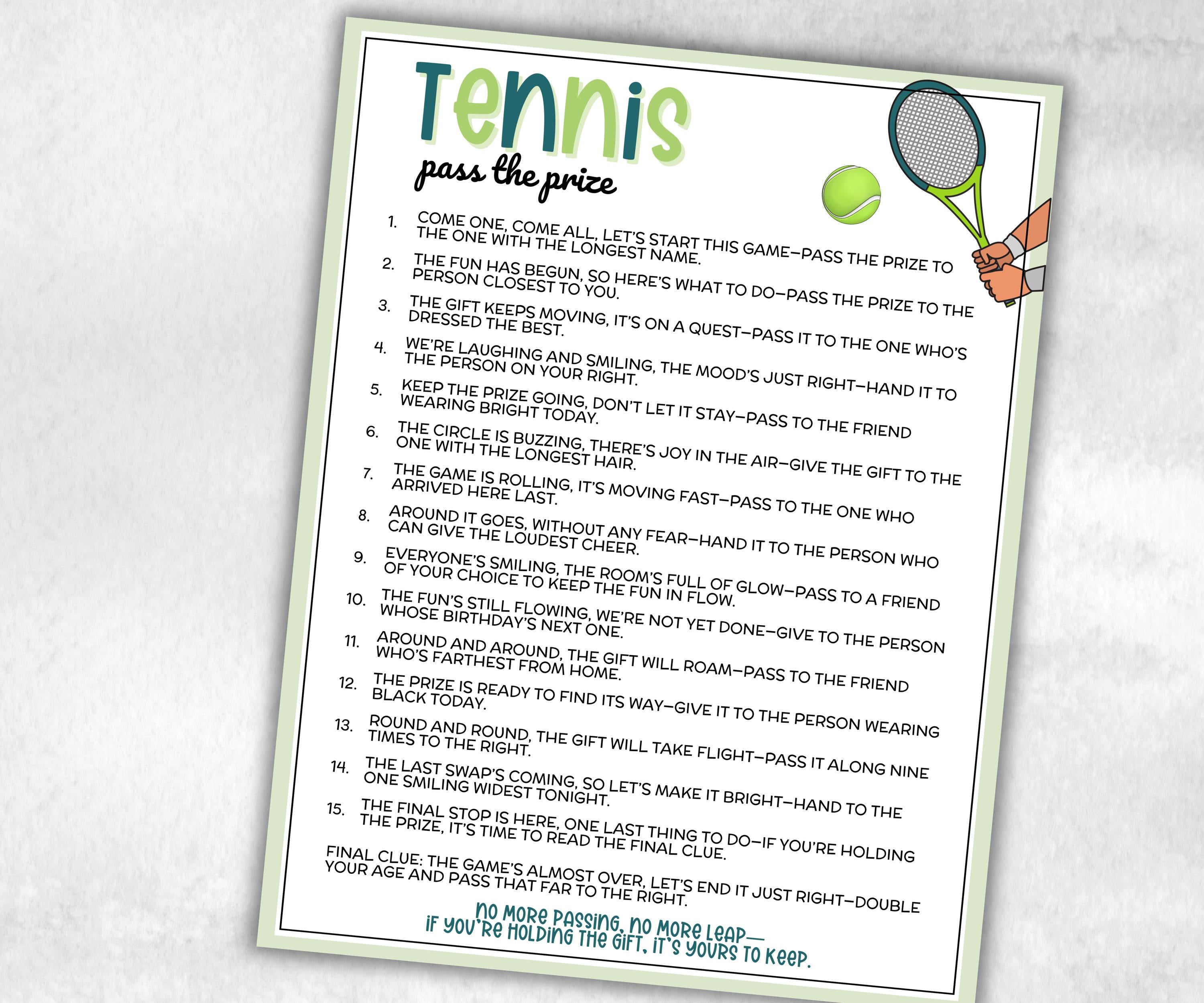 Tennis Pass The Prize, Indoor Outdoor, Grand Slam, Sports Athletic, interactive fun gift exchange, mingle conversation game, camp club mix-Holidays -TheHustlingCatLady-Party Games