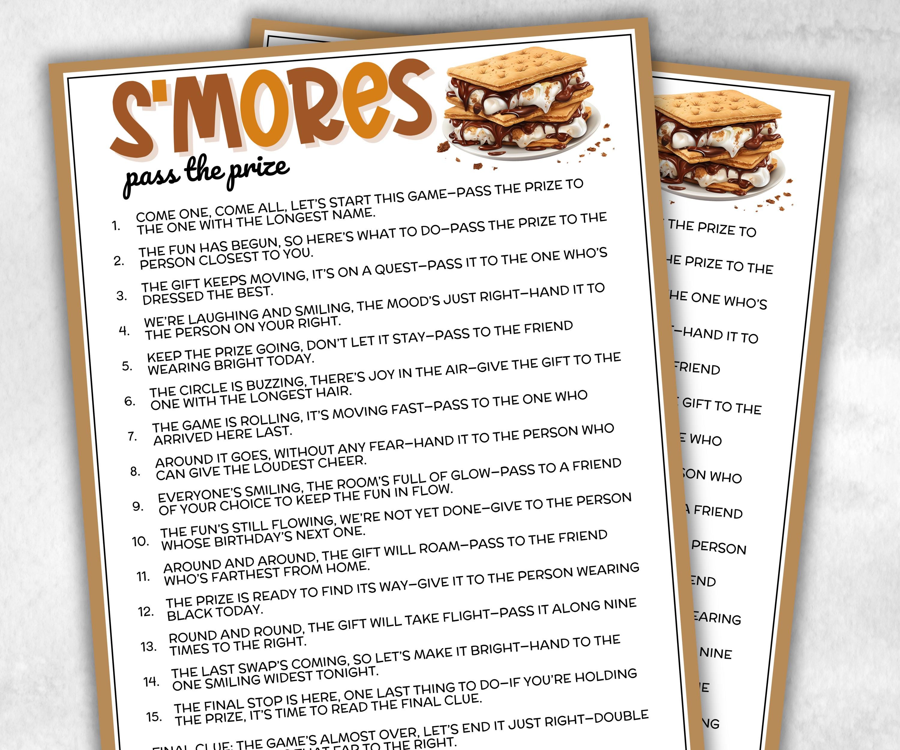 Smores Pass the Prize, Left Right Baby Shower, Camping Theme Birthday Party, firepit Bonfire Idea, Camp Adventure, RV Travel, gift exchange-Holidays -TheHustlingCatLady-Party Games