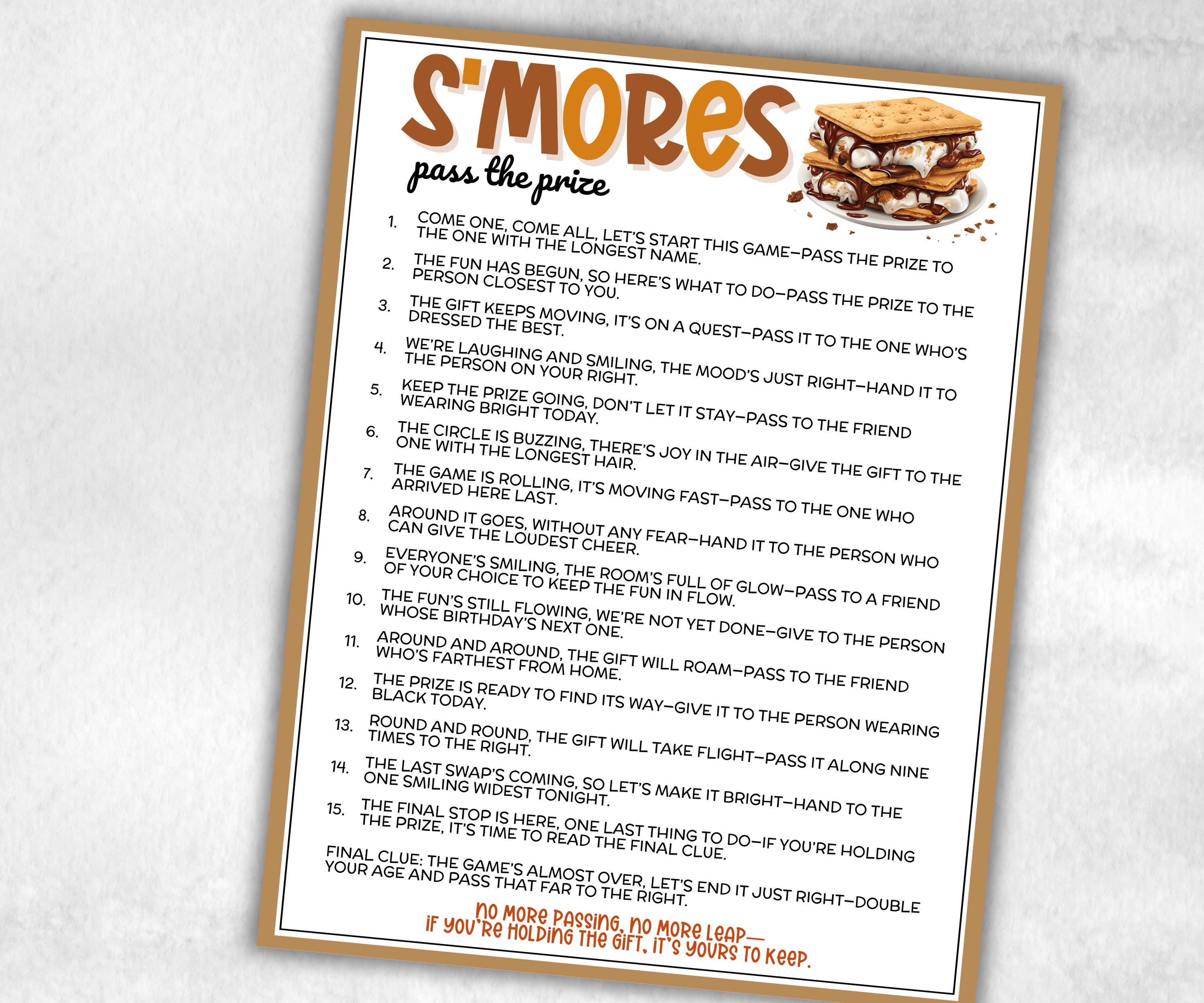 Smores Pass the Prize, Left Right Baby Shower, Camping Theme Birthday Party, firepit Bonfire Idea, Camp Adventure, RV Travel, gift exchange-Holidays -TheHustlingCatLady-Party Games