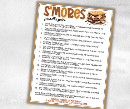 Smores Pass the Prize, Left Right Baby Shower, Camping Theme Birthday Party, firepit Bonfire Idea, Camp Adventure, RV Travel, gift exchange-Holidays -TheHustlingCatLady-Party Games