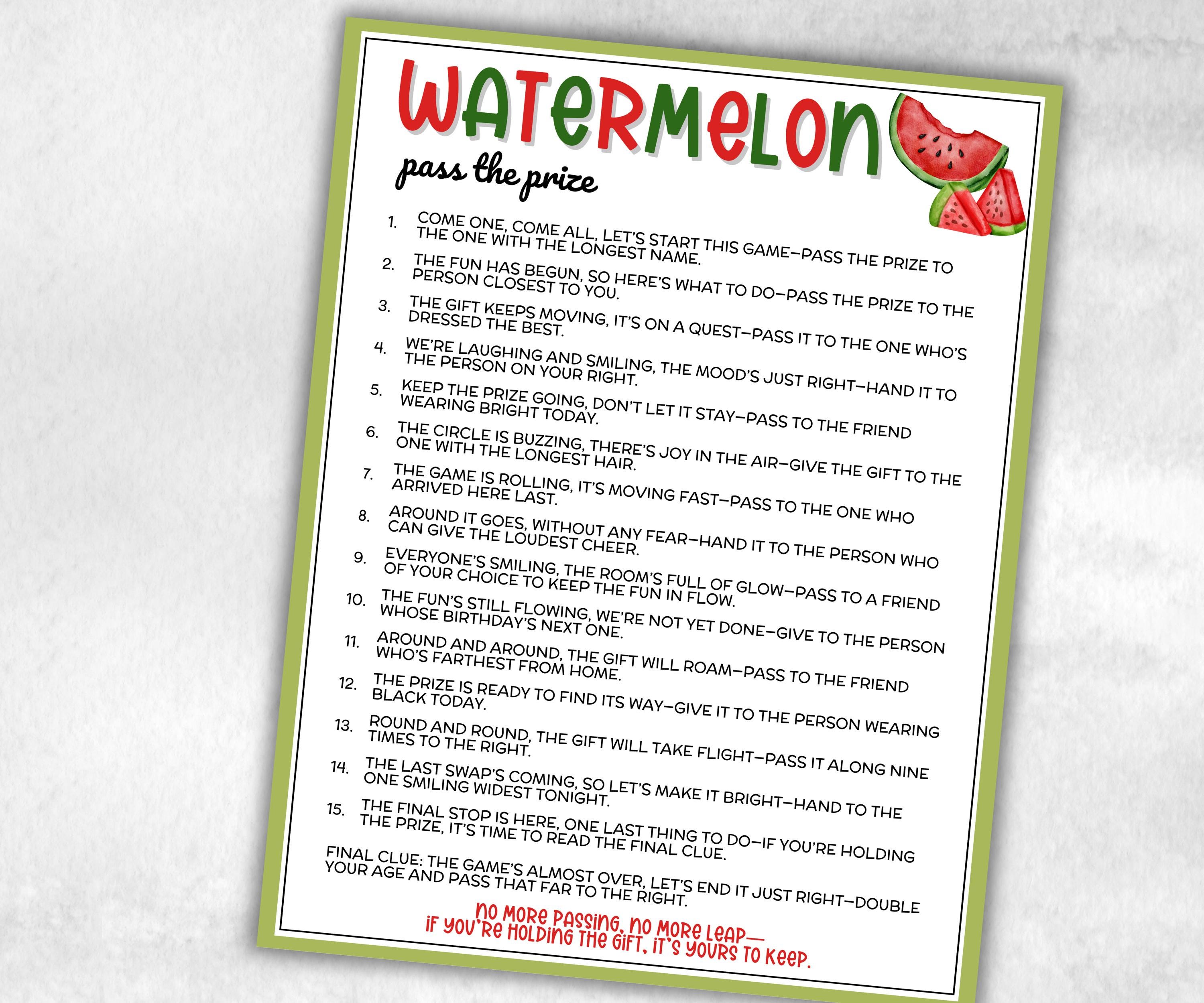 Watermelon Party Pass The Prize Left Right Game, Melon Themed Summer Birthday Party, Backyard BBQ, Outdoor Picnic, National Watermelon Day-Holidays -TheHustlingCatLady-Party Games