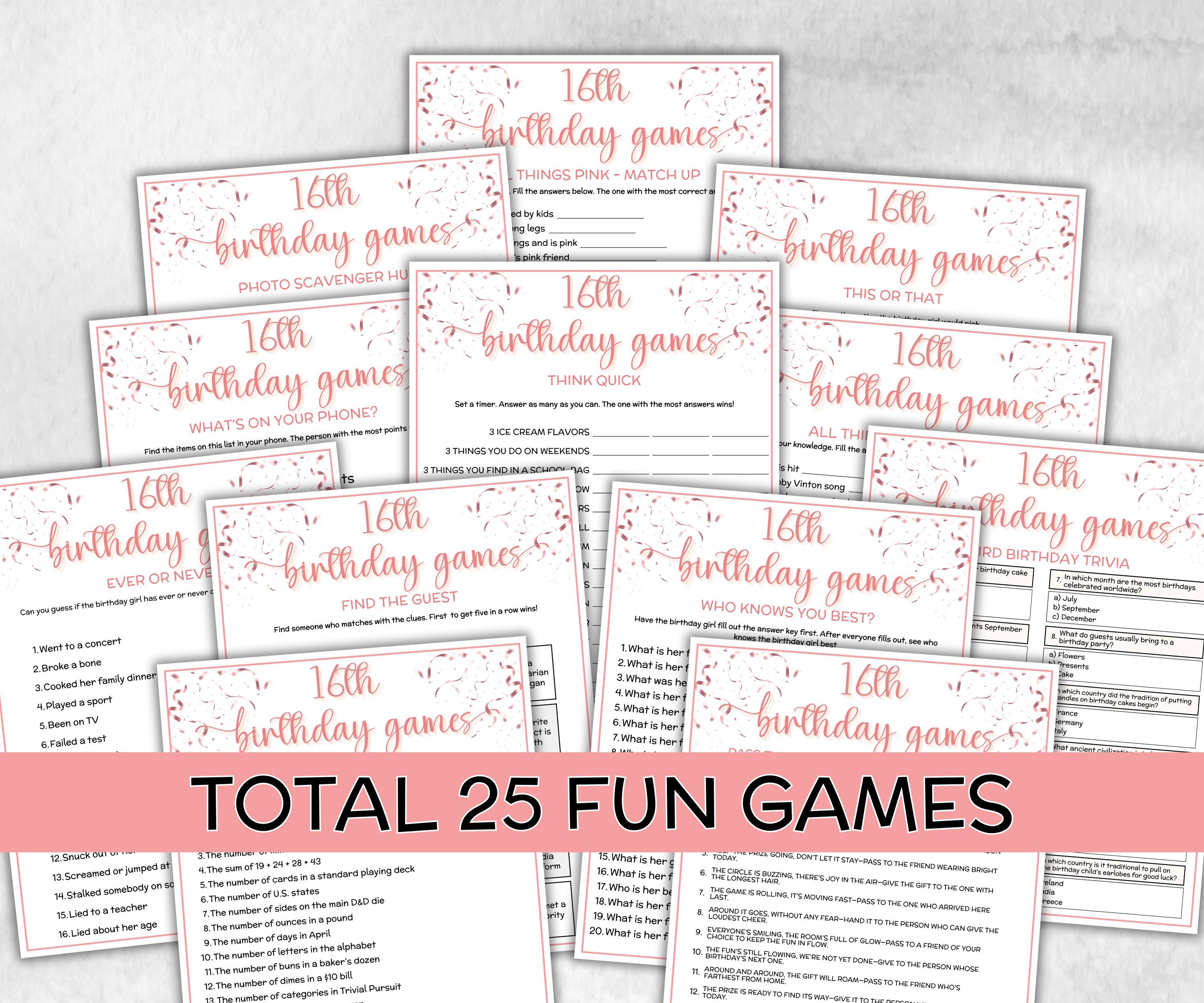 Sweet 16 Birthday Game Bundle, Pink Sweet Sixteen Birthday, 16th Birthday Party Game, Born in 2009 Game Bundle, Printable Teen Activities-Holidays -TheHustlingCatLady-Party Games