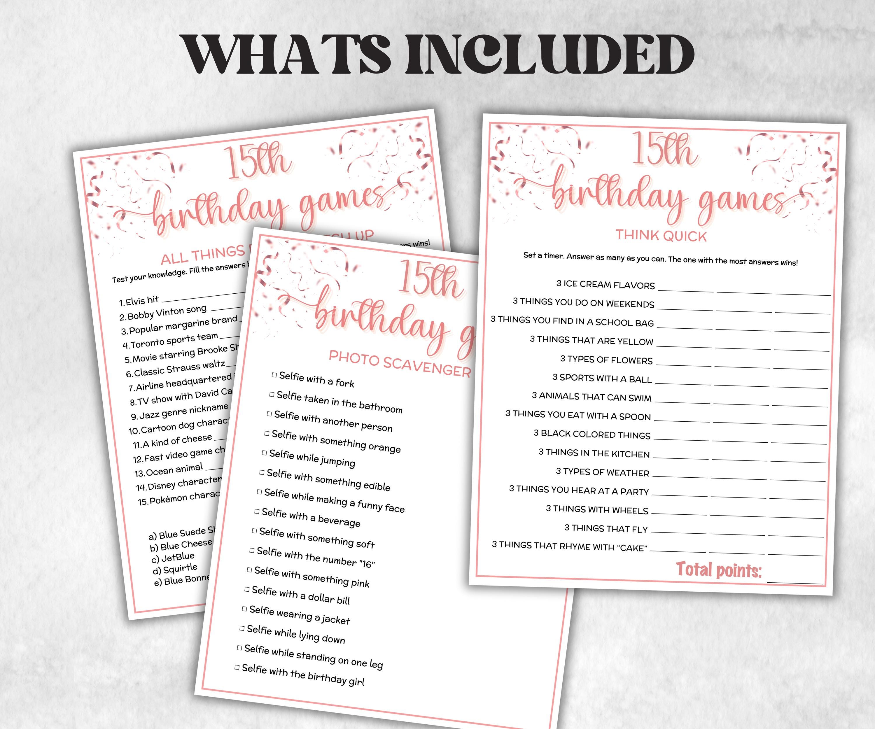 15th Birthday Game Bundle, Pink Fifteenth Birthday, 15th Birthday Party, Born in 2009, large group Game Bundle, Printable Teen group game-Holidays -TheHustlingCatLady-Party Games