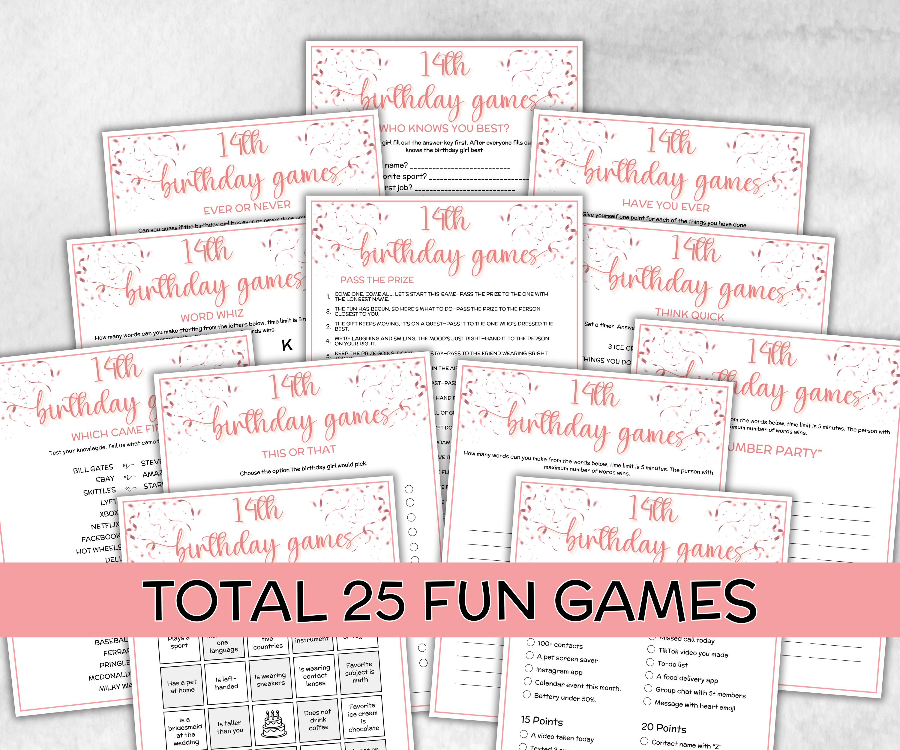14th Birthday Game Bundle, Pink Fourteenth Birthday, 14th Birthday Party, Born in 2011, large group Game Bundle, Printable Teen group game-Holidays -TheHustlingCatLady-Party Games