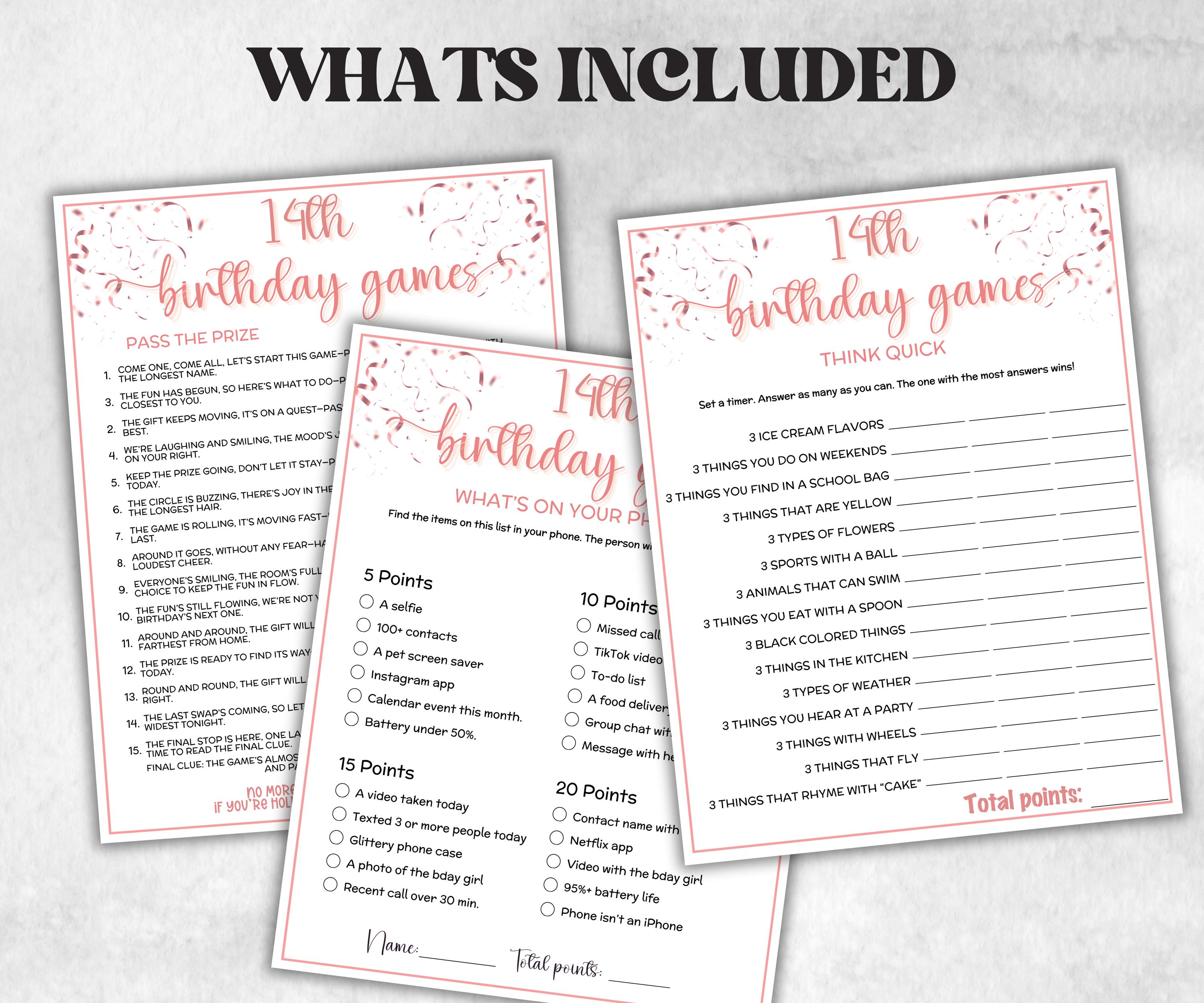 14th Birthday Game Bundle, Pink Fourteenth Birthday, 14th Birthday Party, Born in 2011, large group Game Bundle, Printable Teen group game-Holidays -TheHustlingCatLady-Party Games
