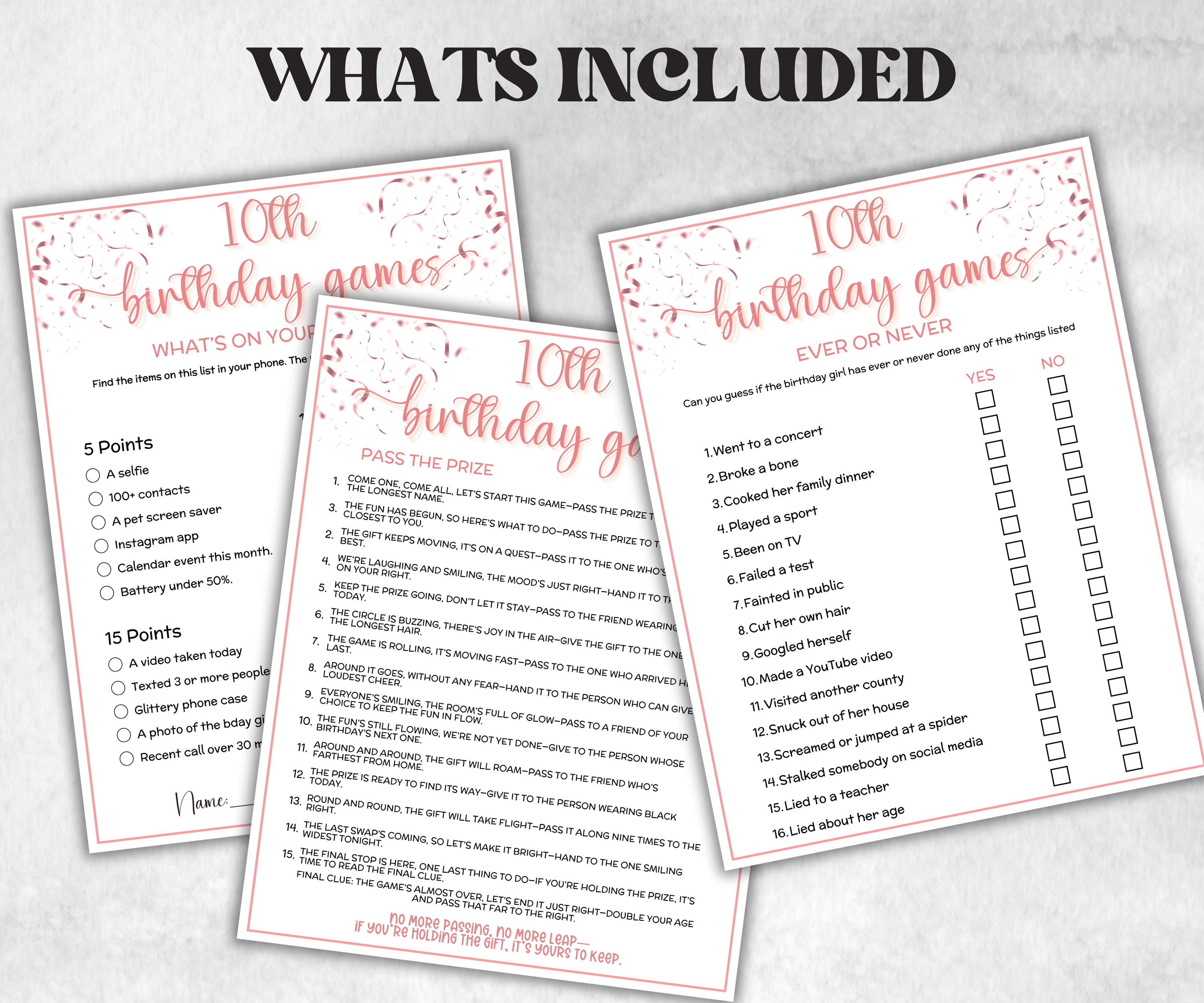 10th Birthday Game Bundle, Pink Tenth Birthday, 10th Birthday Party, Born in 2015, large group Game Bundle, Printable Teen group game-Holidays -TheHustlingCatLady-Party Games