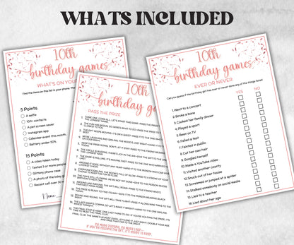10th Birthday Game Bundle, Pink Tenth Birthday, 10th Birthday Party, Born in 2015, large group Game Bundle, Printable Teen group game-Holidays -TheHustlingCatLady-Party Games