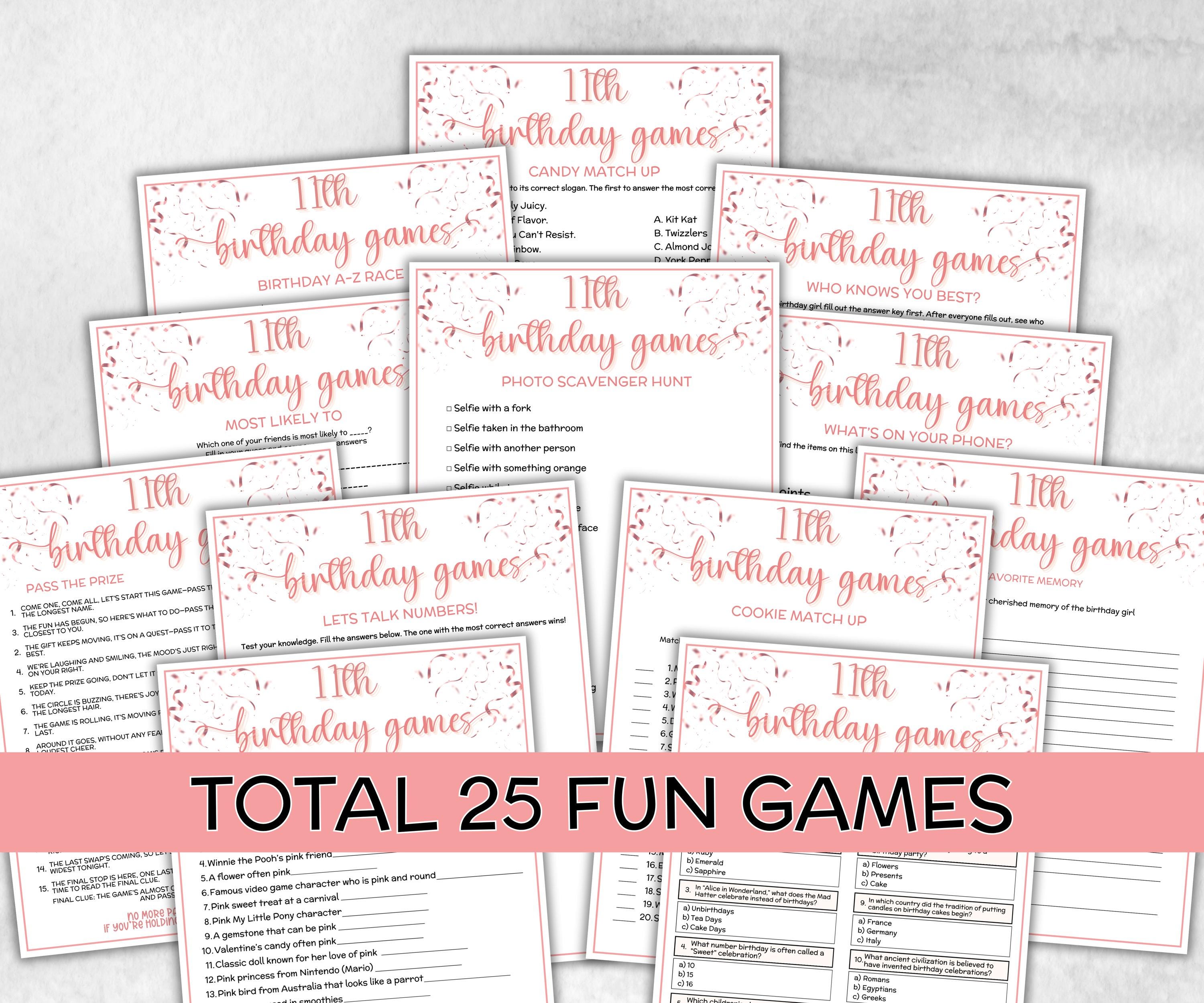 11th Birthday Game Bundle, Pink eleventh Birthday, 11th Birthday Party, Born in 2014, large group Game Bundle, Printable Teen group game-Holidays -TheHustlingCatLady-Party Games