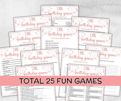 11th Birthday Game Bundle, Pink eleventh Birthday, 11th Birthday Party, Born in 2014, large group Game Bundle, Printable Teen group game-Holidays -TheHustlingCatLady-Party Games