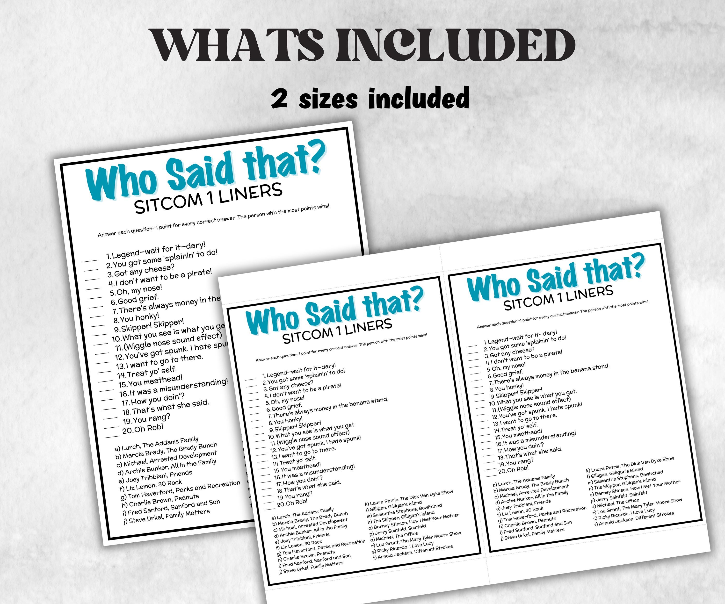 Television Sitcom Trivia Party Game, TV 1 liners Quiz, Pop Culture, Kids Teens Adult, Family Game Movie Night, Office Party, TV Show party-Holidays -TheHustlingCatLady-Party Games