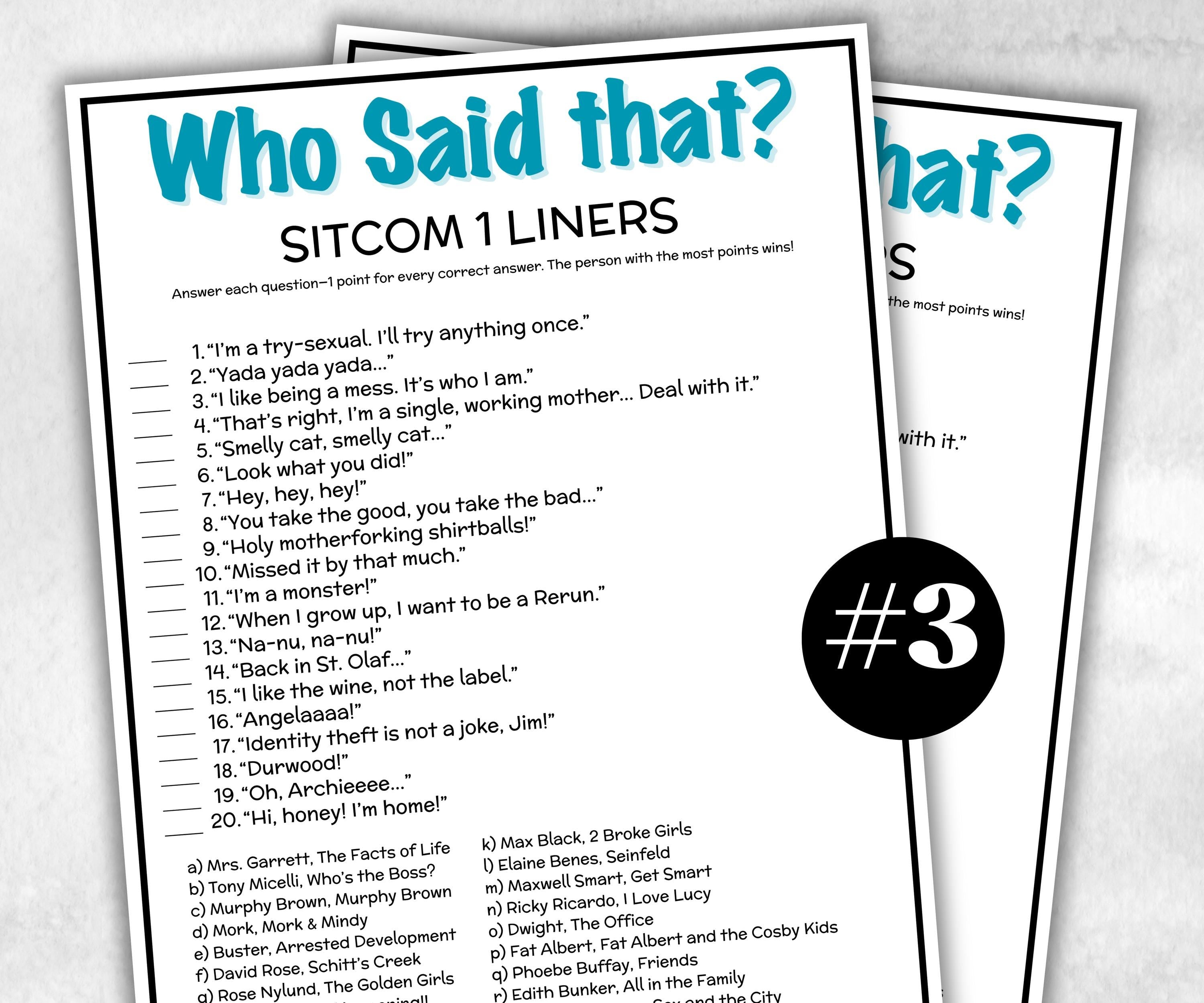 TV Sitcom 1 liners Quiz, Television Trivia Party Game, Pop Culture, Kids Teens Adult, Family Game Movie Night, Office Party, TV Show party-Holidays -TheHustlingCatLady-Party Games