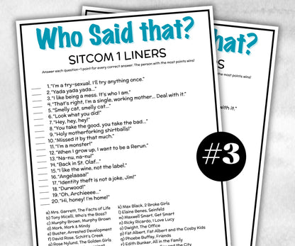 TV Sitcom 1 liners Quiz, Television Trivia Party Game, Pop Culture, Kids Teens Adult, Family Game Movie Night, Office Party, TV Show party-Holidays -TheHustlingCatLady-Party Games